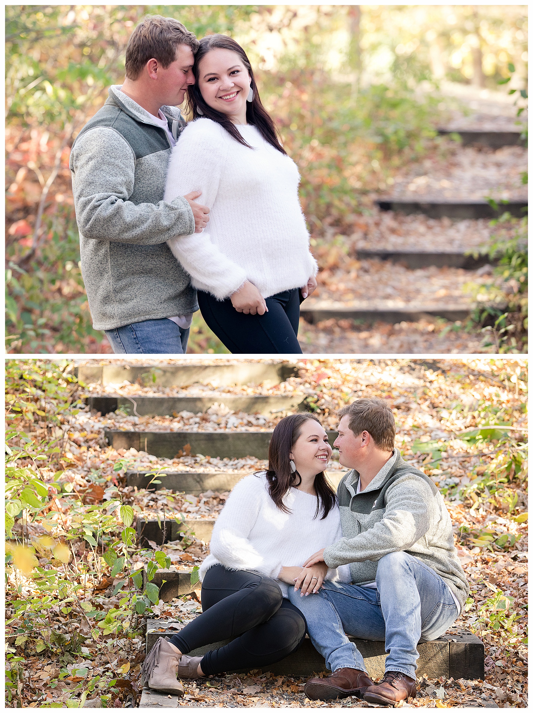 Engaged couple sit together on wood steps with lots of fall leaves on the ground