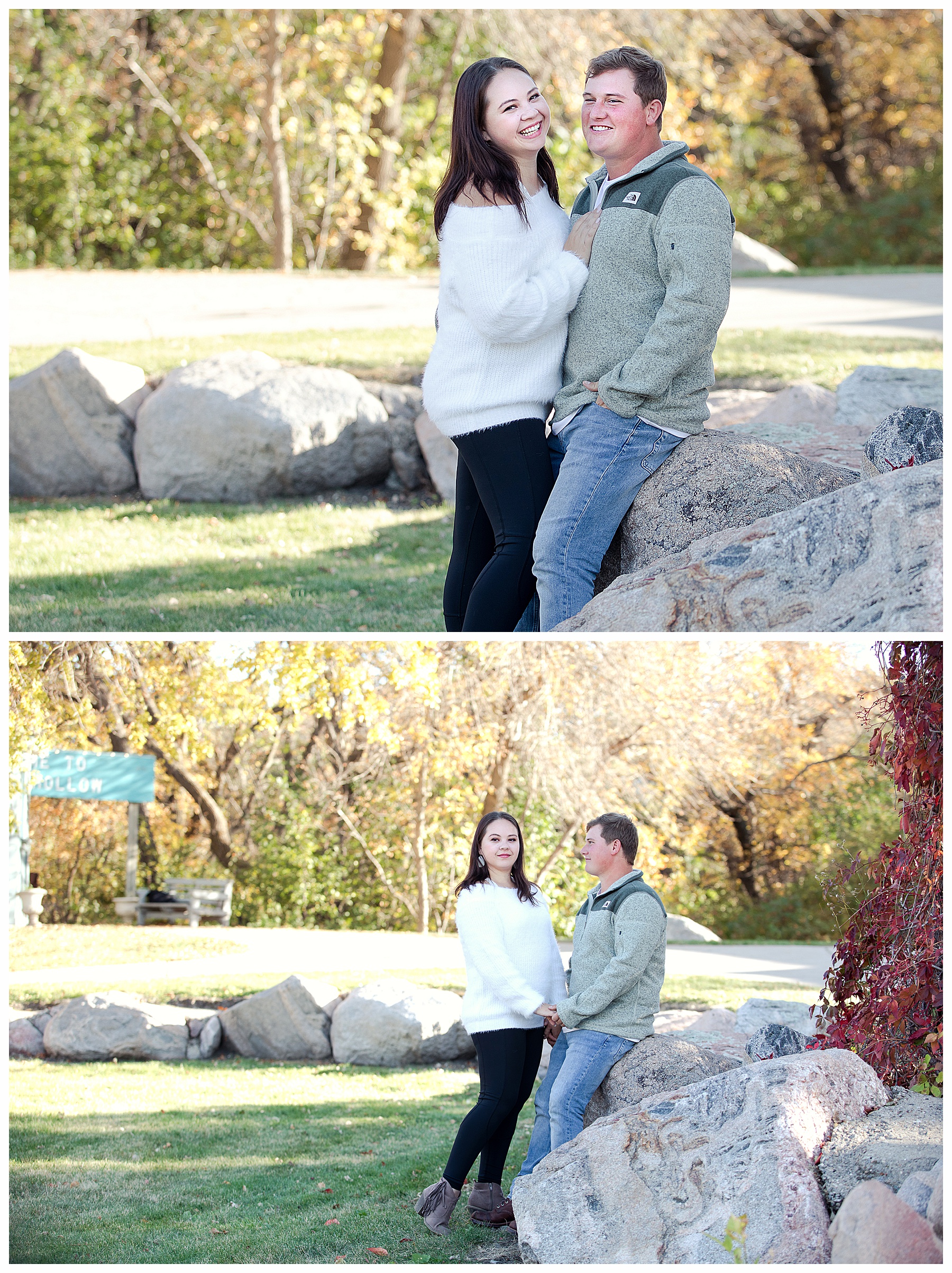 Couple laugh together at Sleepy Hollow Park in Bismarck ND during engagement pictures