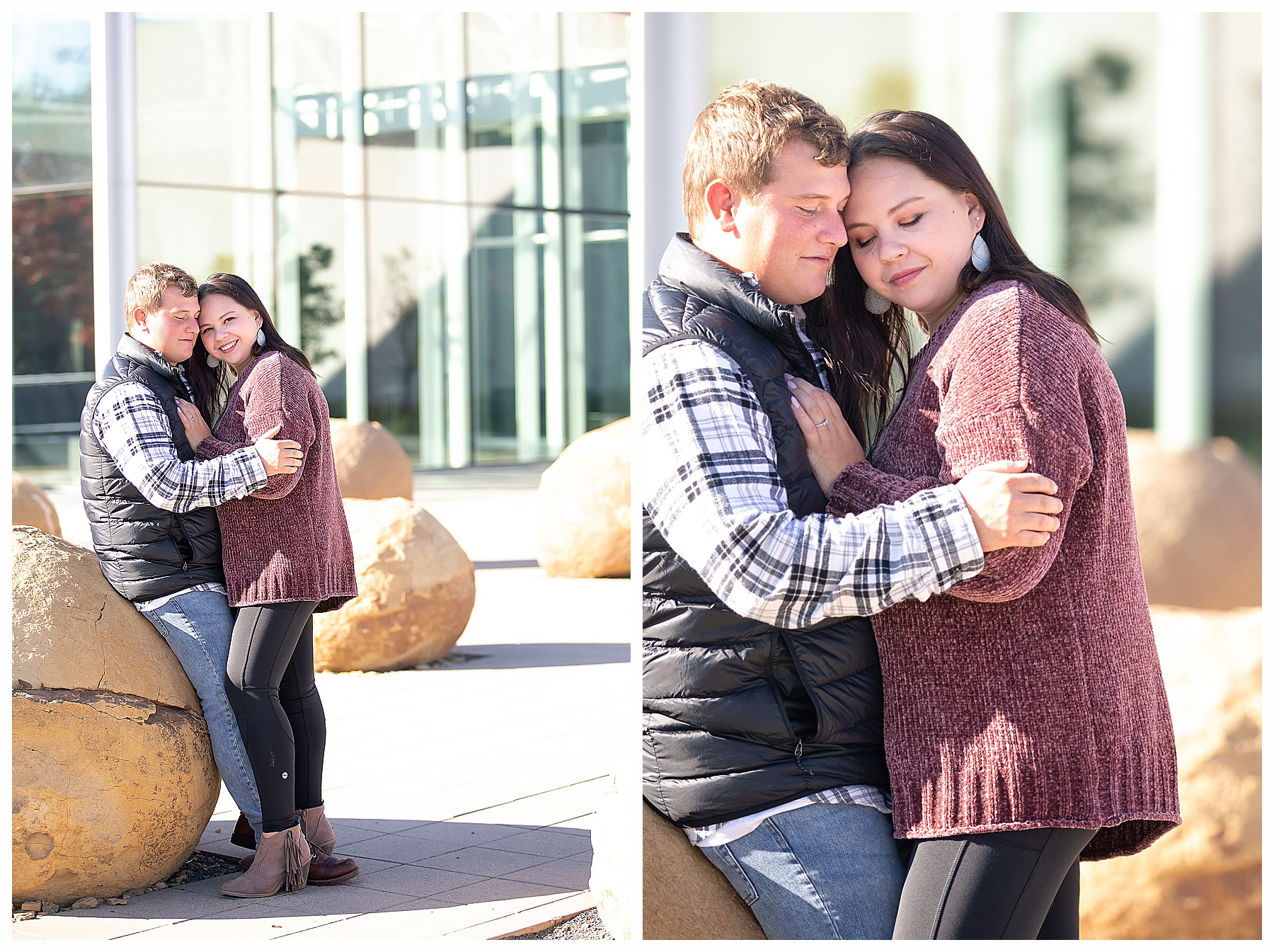 engaged couple lean against boulders in fall engagement pictures