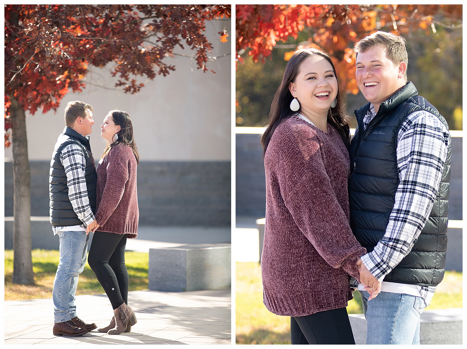 Engaged couple laugh together under red fall trees at Bismarck Heritage Center