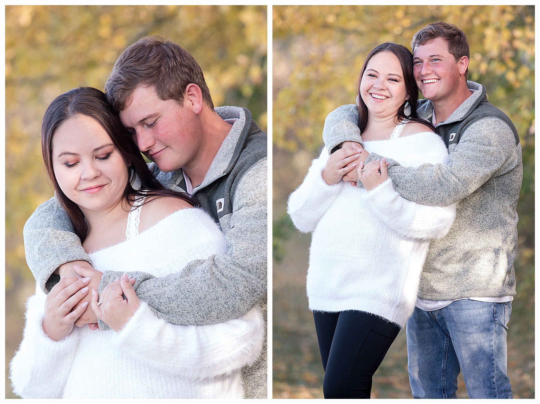 Engaged couple cuddle under fall gold leaf trees