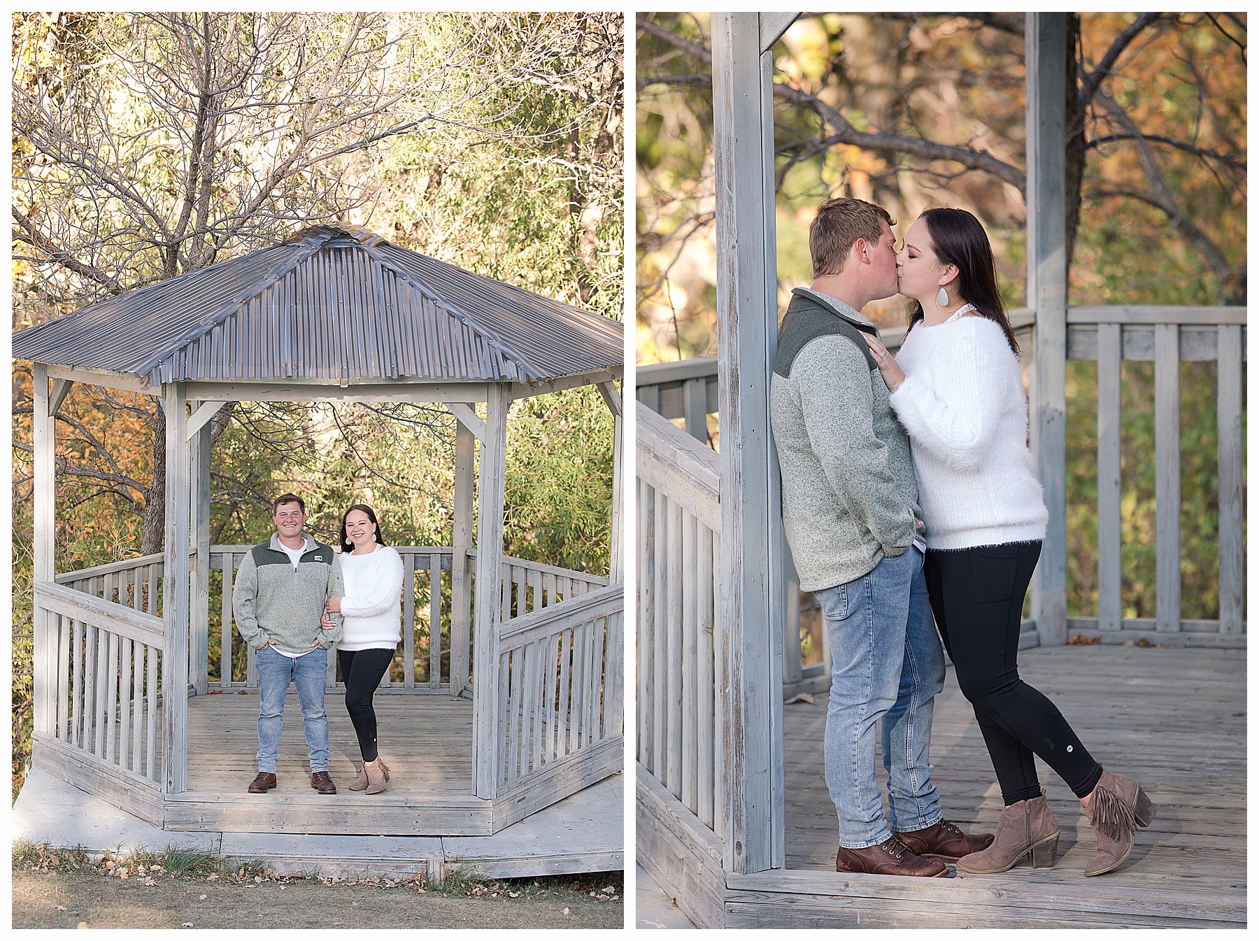 Couple stand together in gazebo surround red by fall trees and afternoon sun