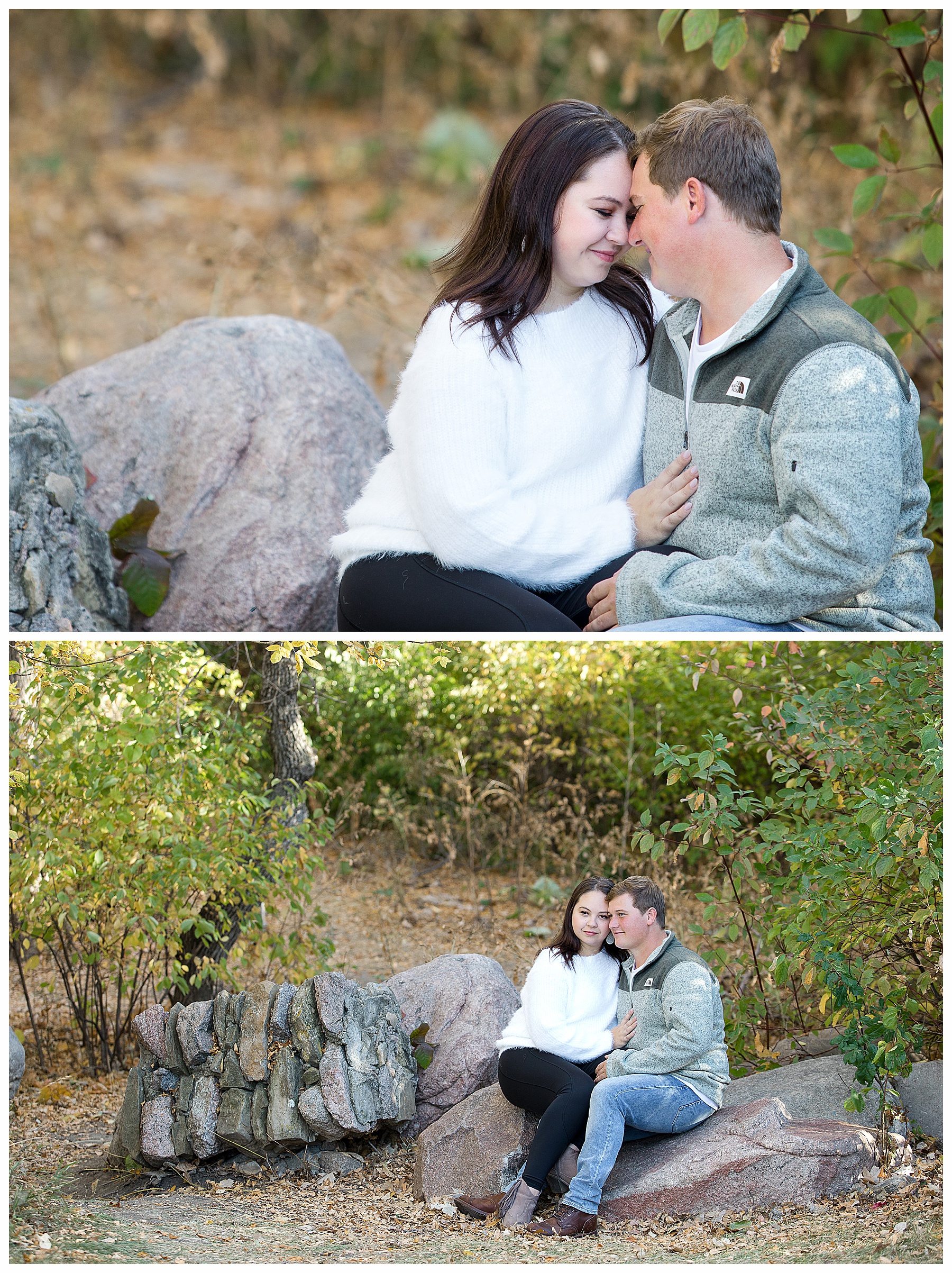 Copule sit on boulders surrounded by fall leaves