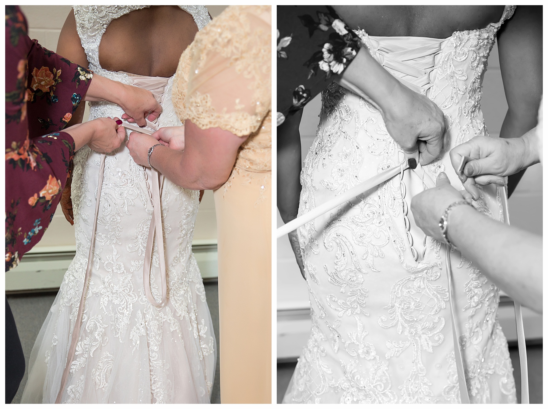 close up of bride getting laced into gown