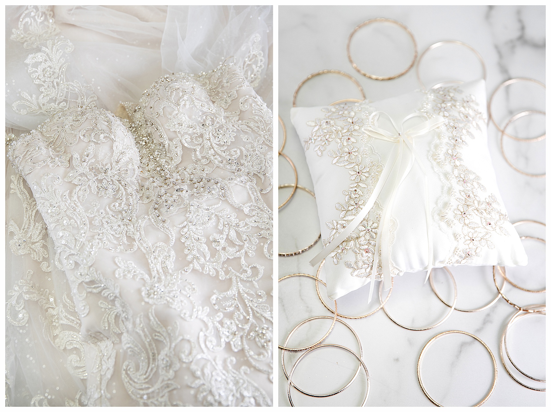 closeup bride's gown and ring pillow