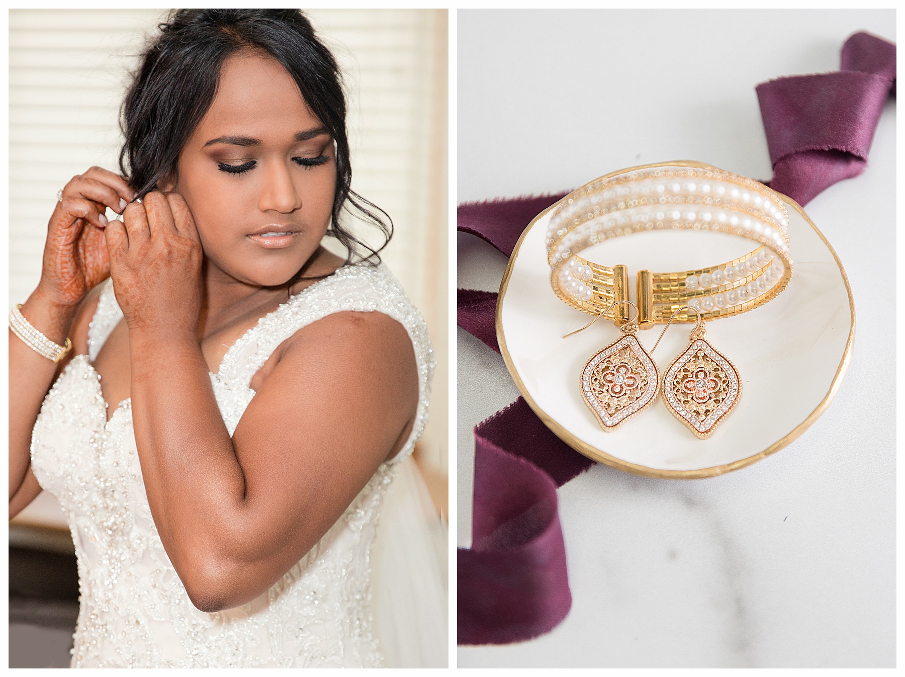 closeup up of bride putting earrings on