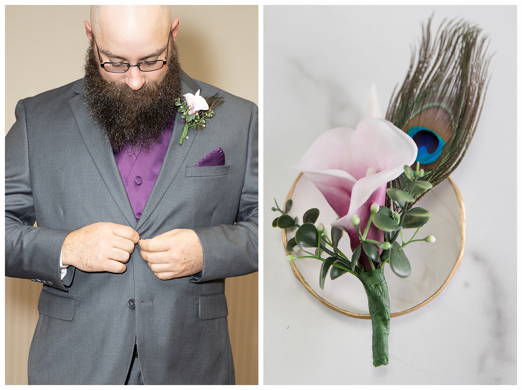 groom getting ready and closeup photo fo boutineer with peacock feather boutonniere
