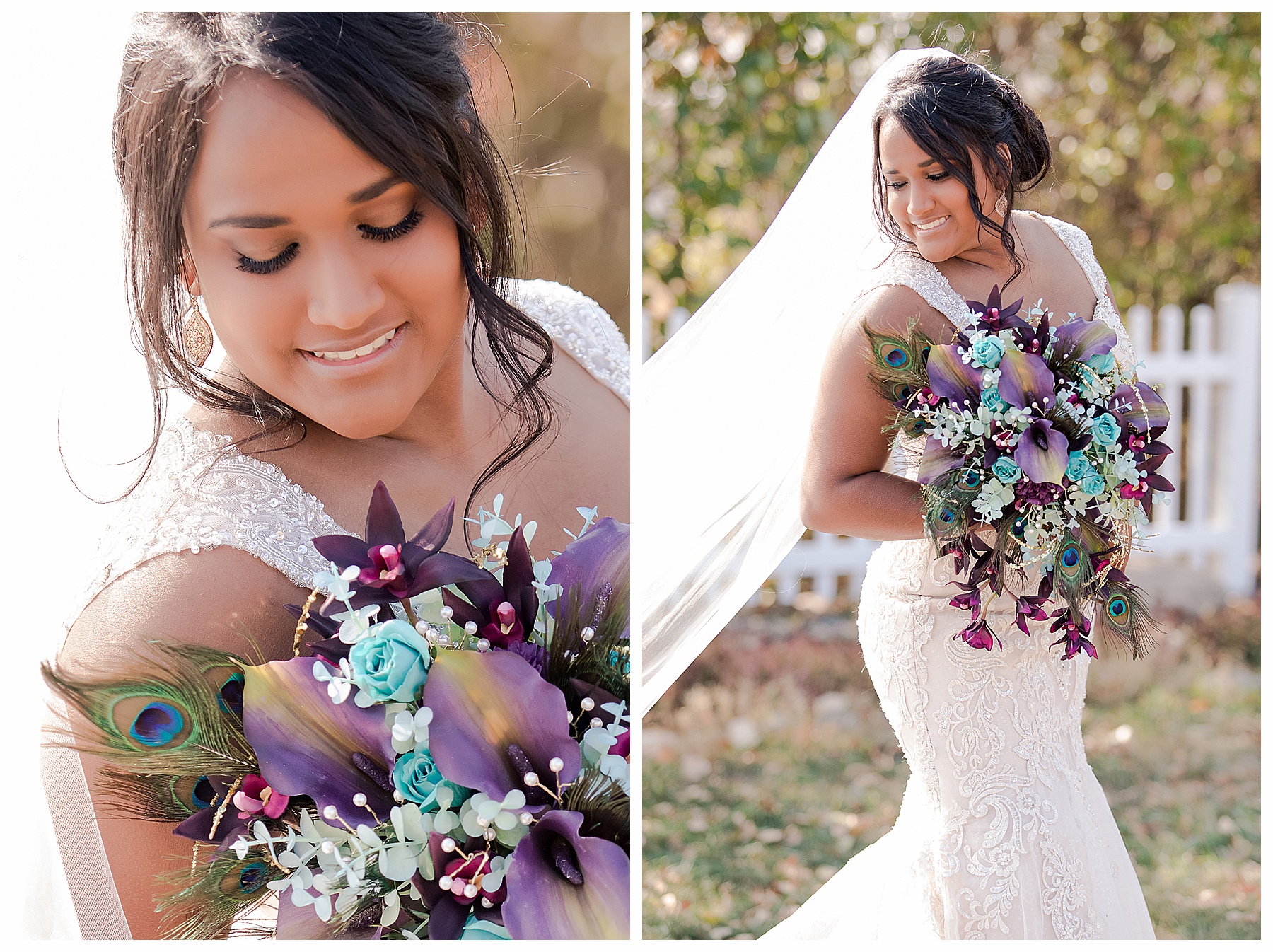 bridal portrait with bridal bouquet with peacock feather and purple and teal flowers