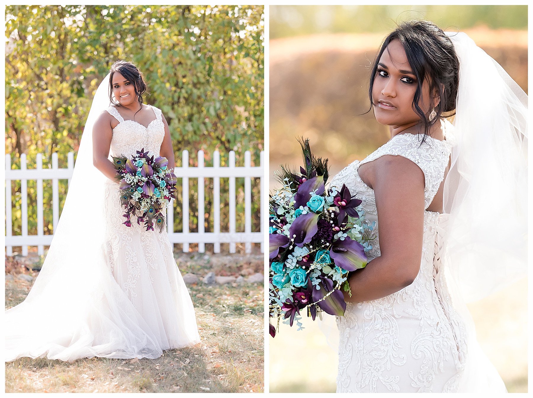 Bride with peacock feather bouquet looks over should as wind blows veil