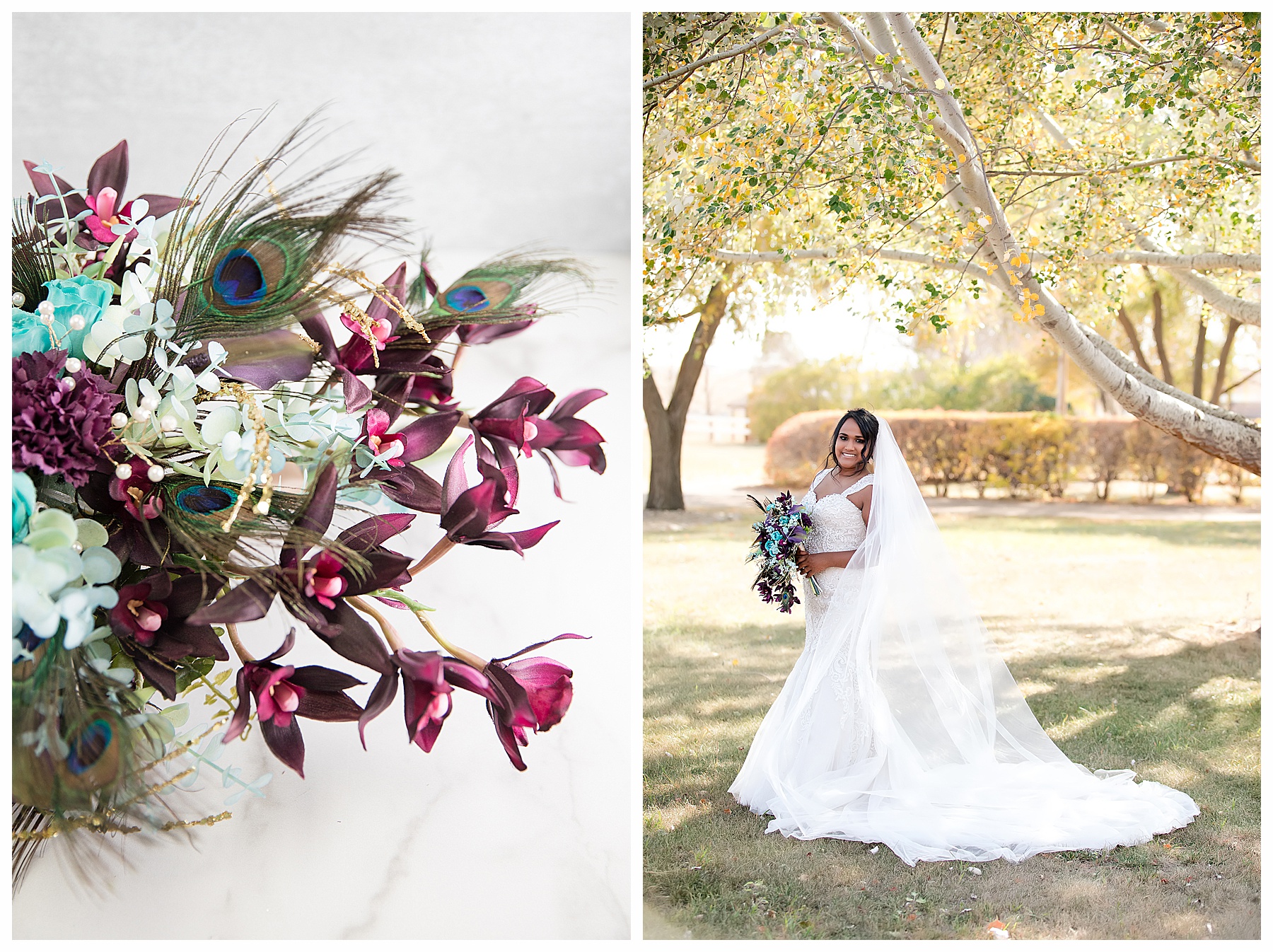 bride in cathedral veil stands under tree with fall leaves