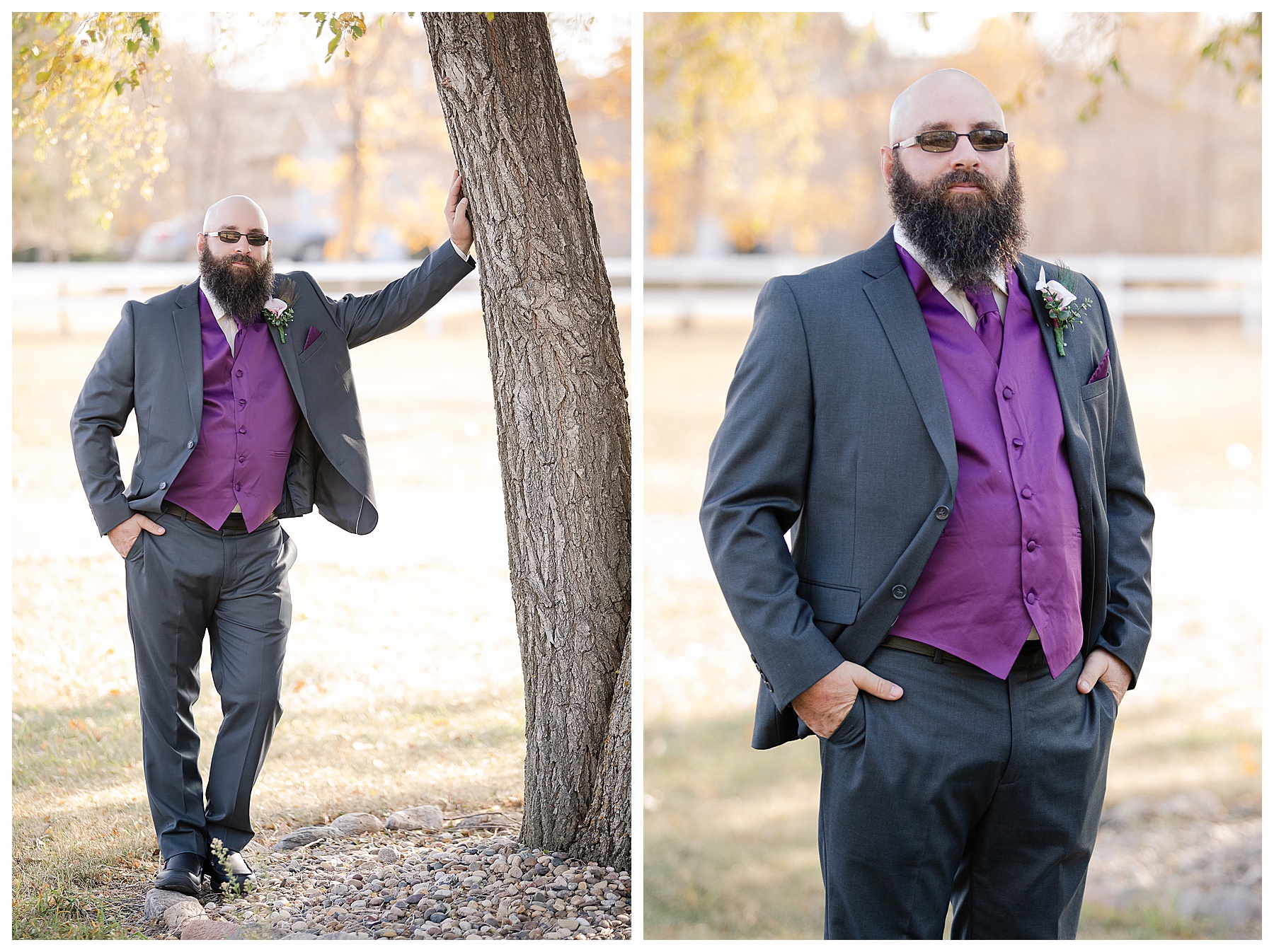 groom in purple vest leans against tree