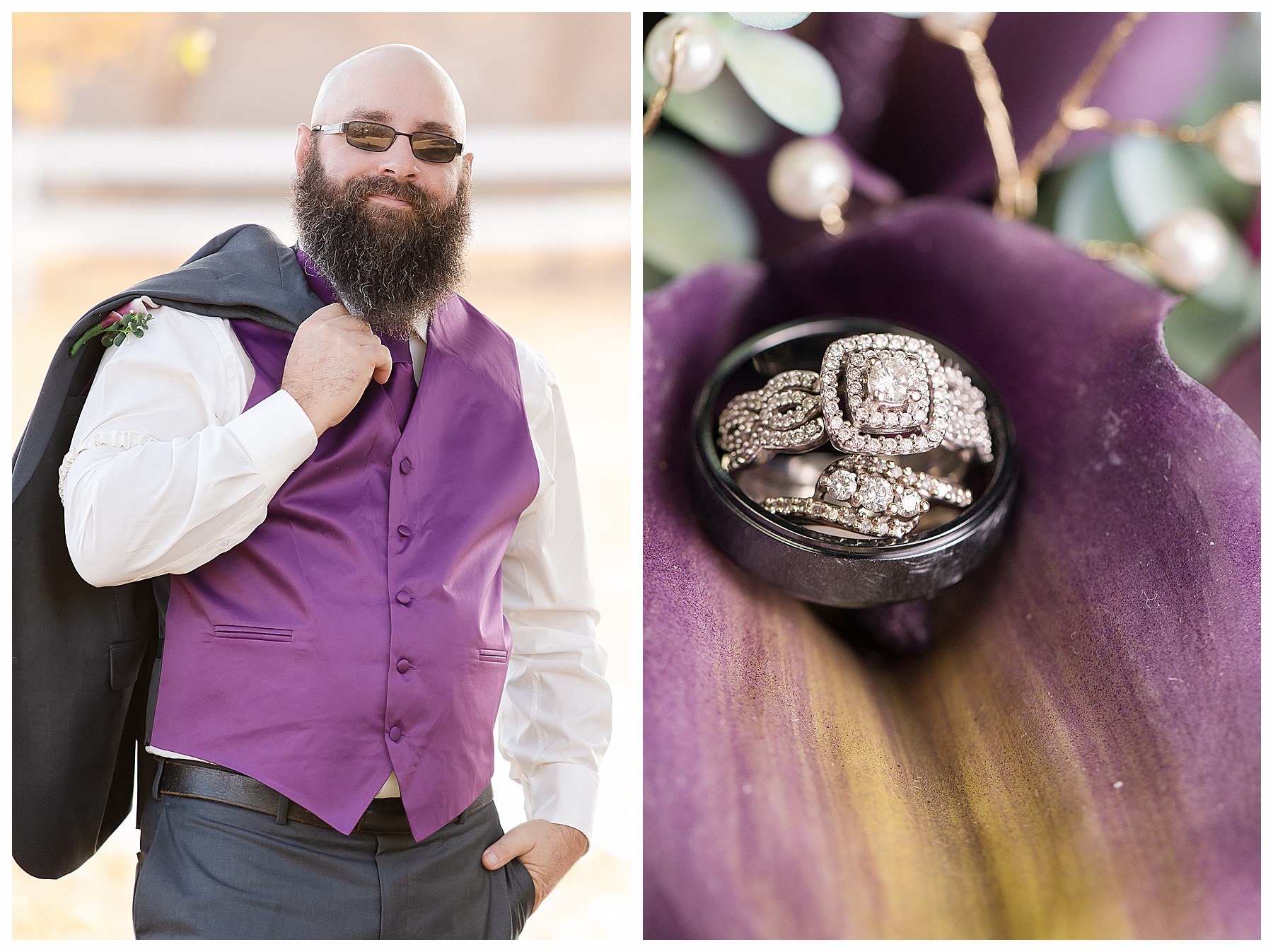 groom portrait in purple vest with jacket slung over should and showing