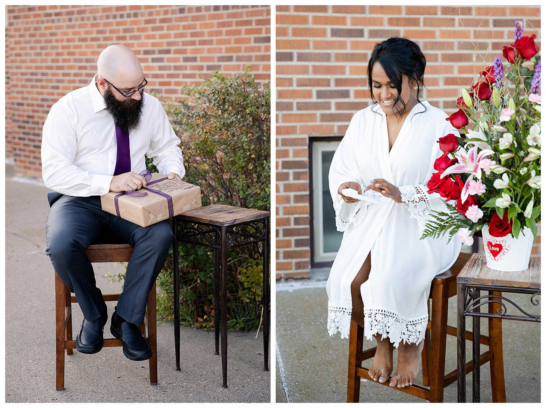 bride and groom open gifts from one another