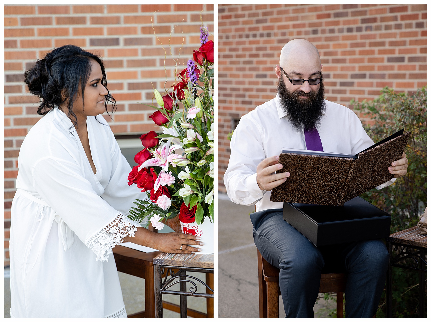 bride and groom open gifts from one another