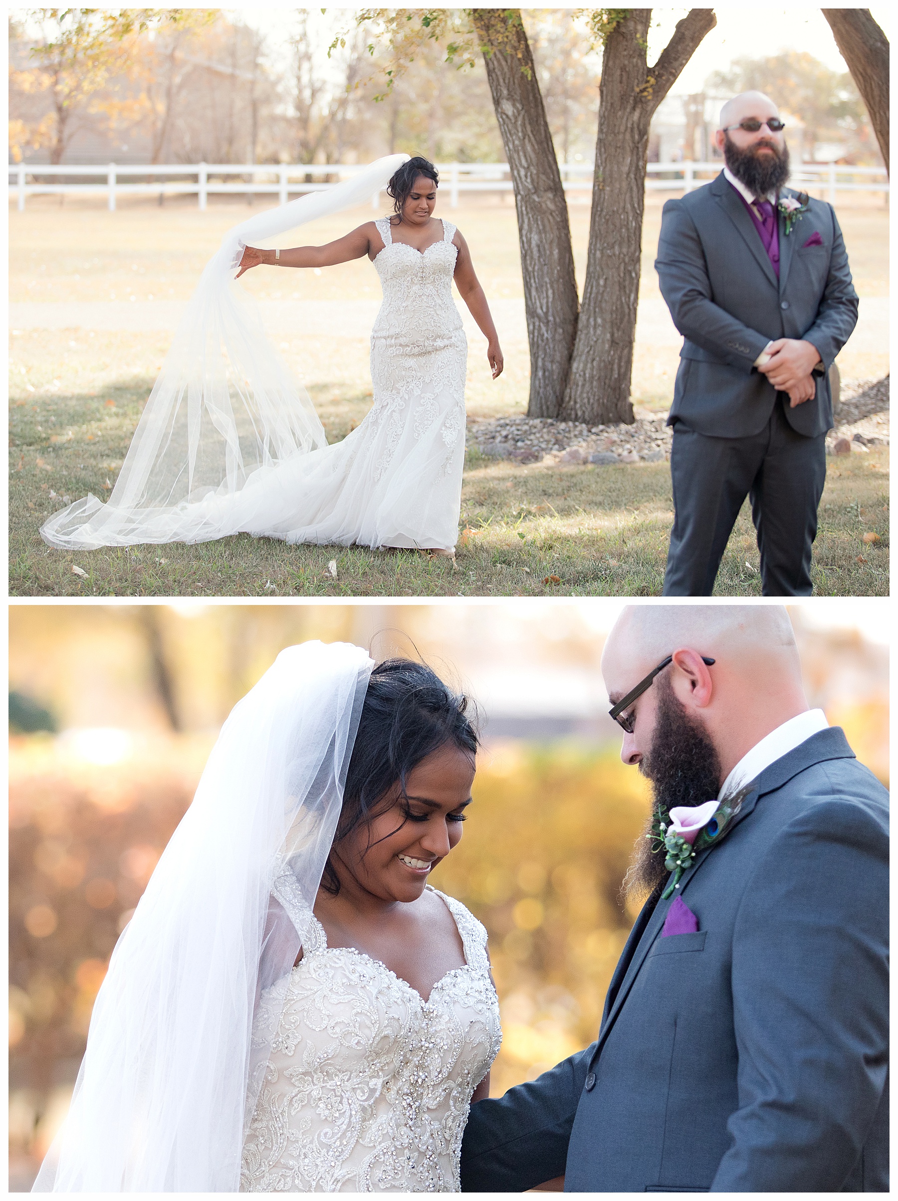 Bride and Groom first look before fall wedding on a windy day