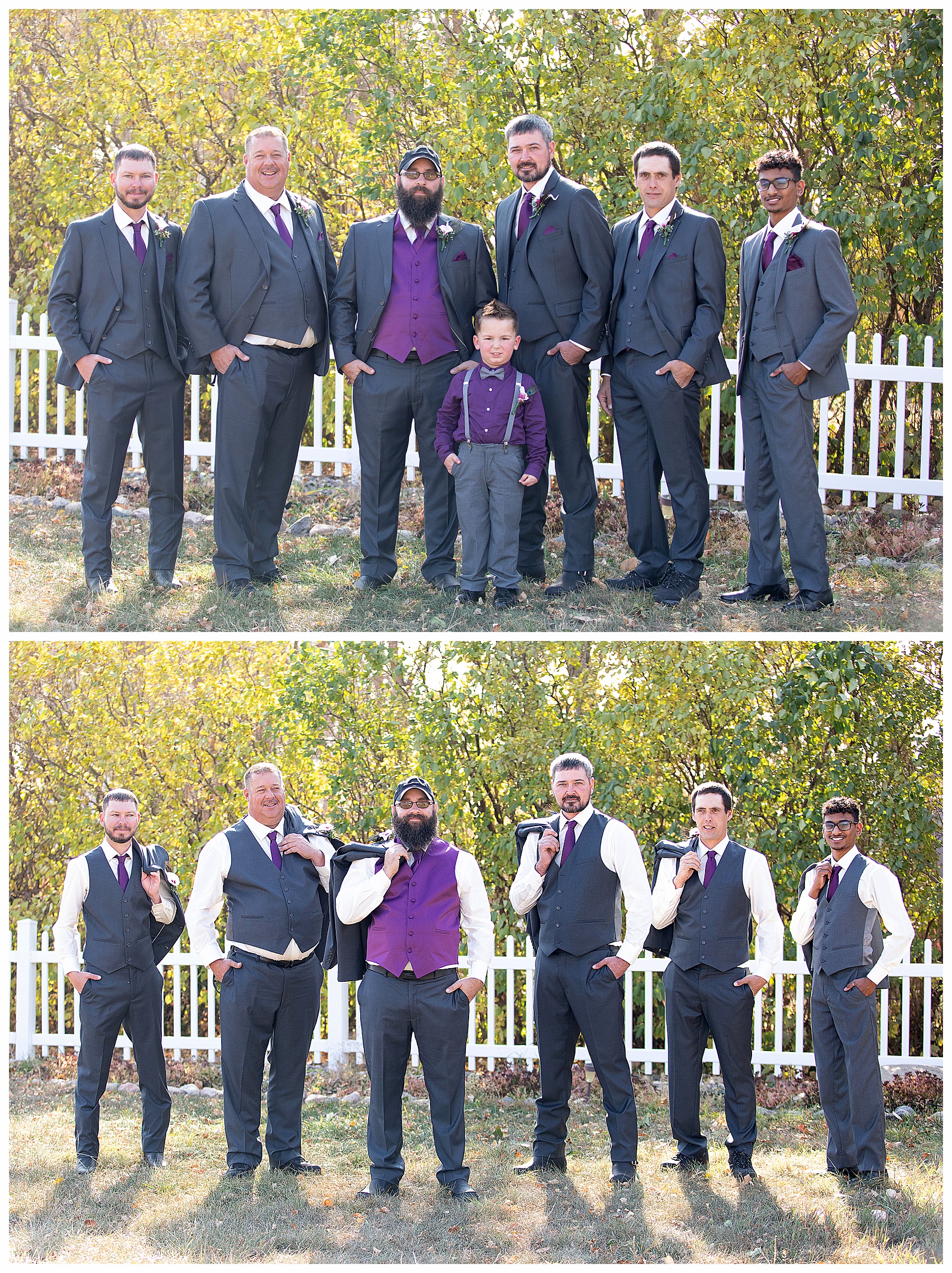 groom's men in purple and grey