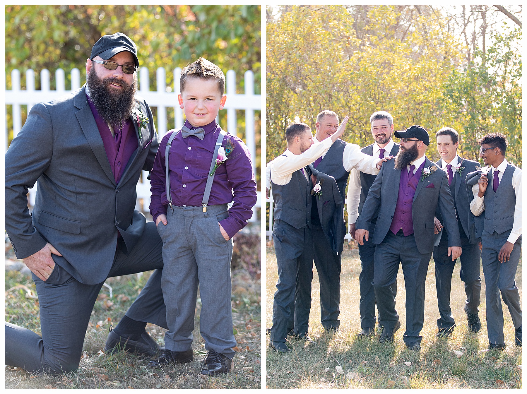 groom and ring bearer wearing purple and grey