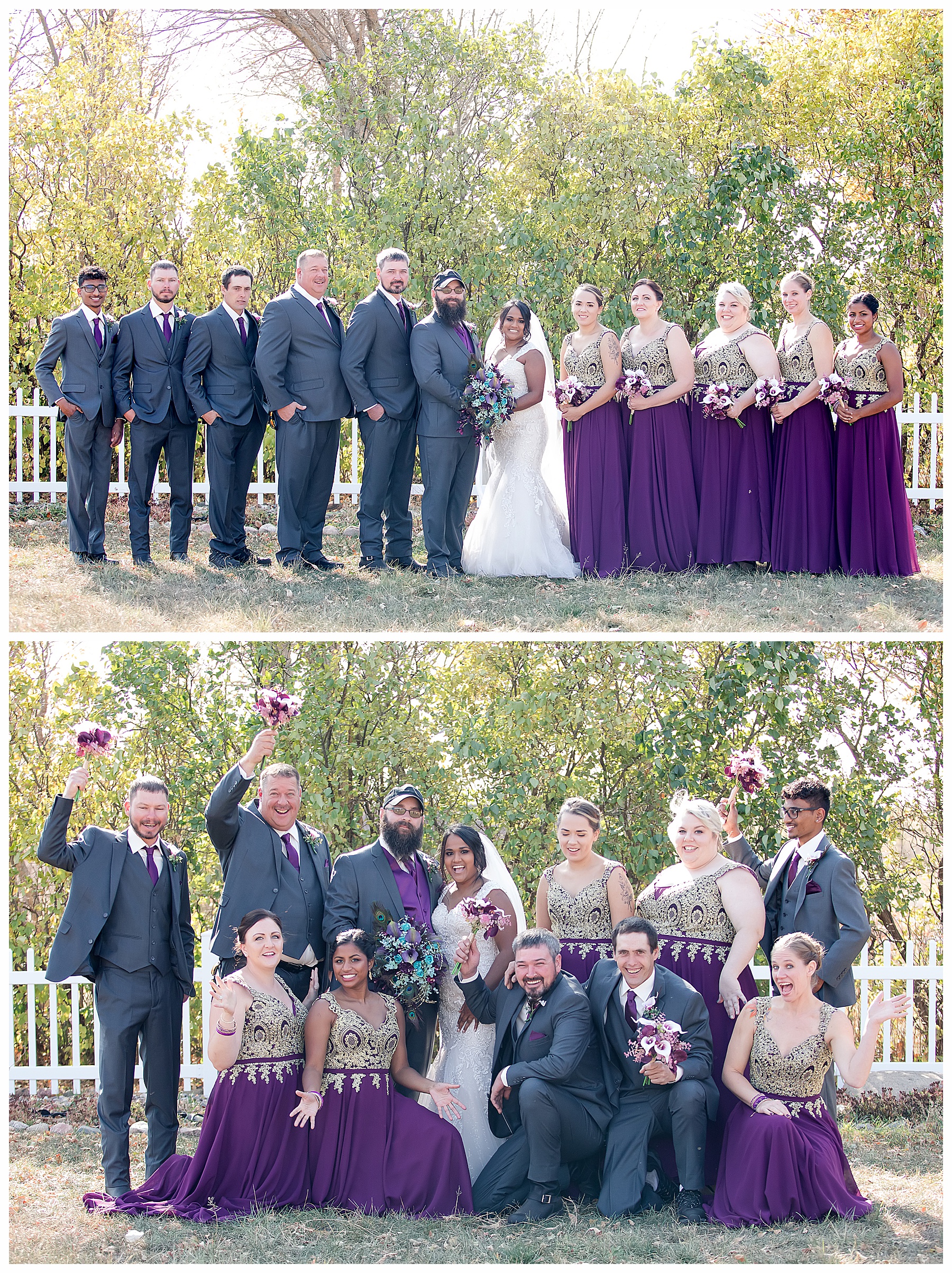 bridal party wearing purple, grey and gold