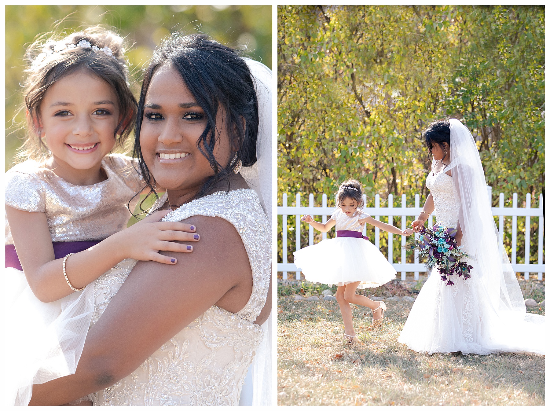 bride holds flower girl's hand as she twirls 