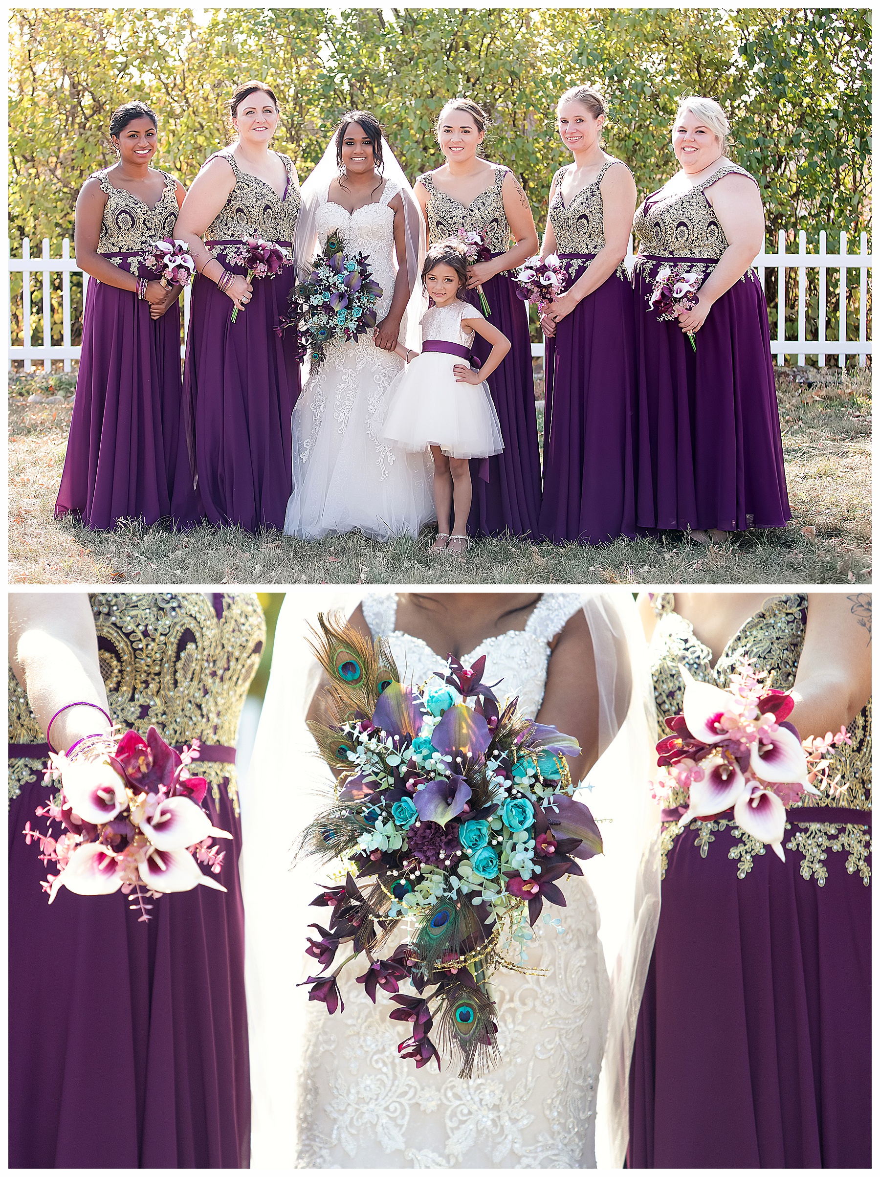 brides maids wearing purple and gold with peacock feather bouquet