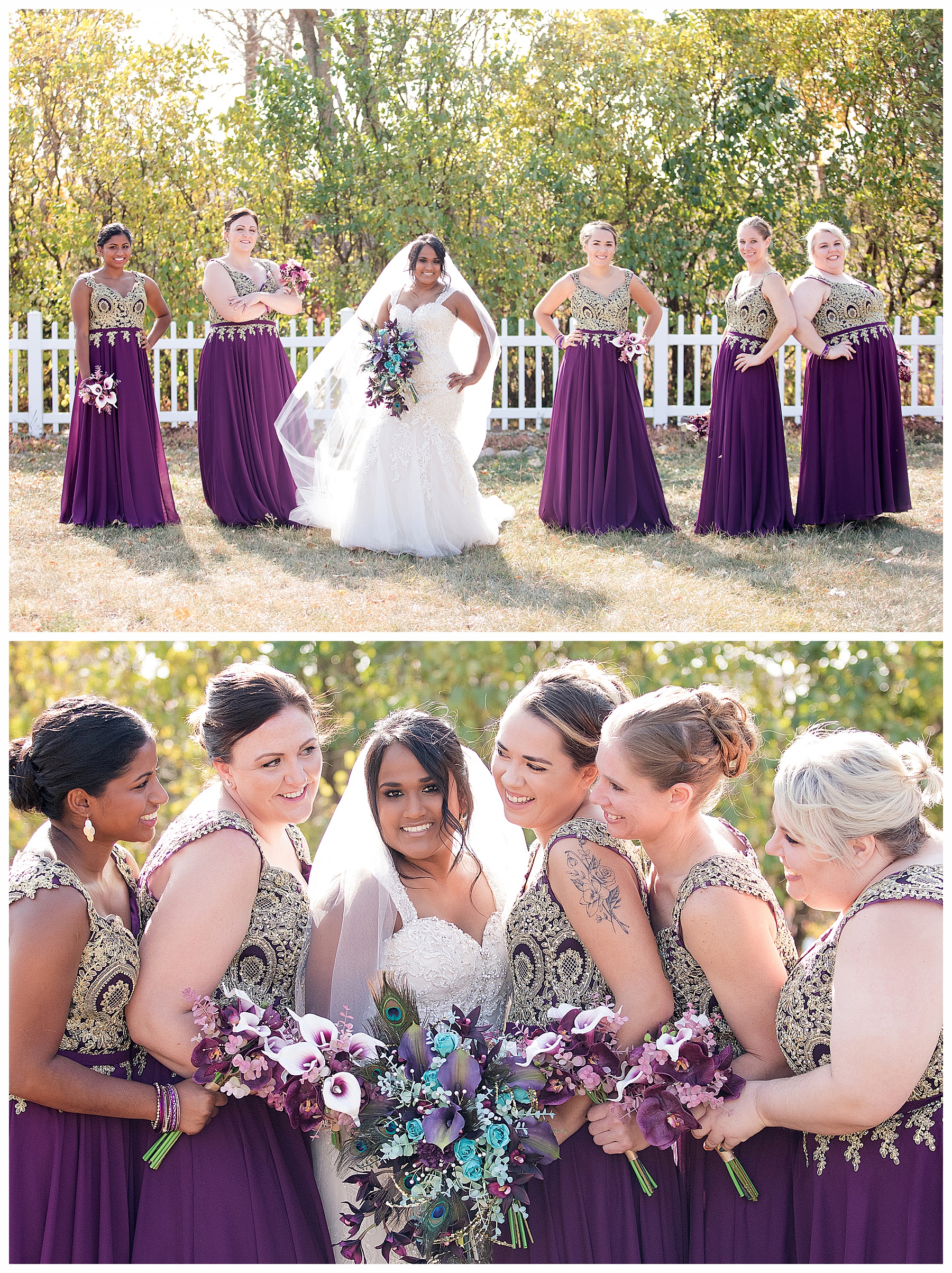 brides maids wearing purple and gold stike model poses