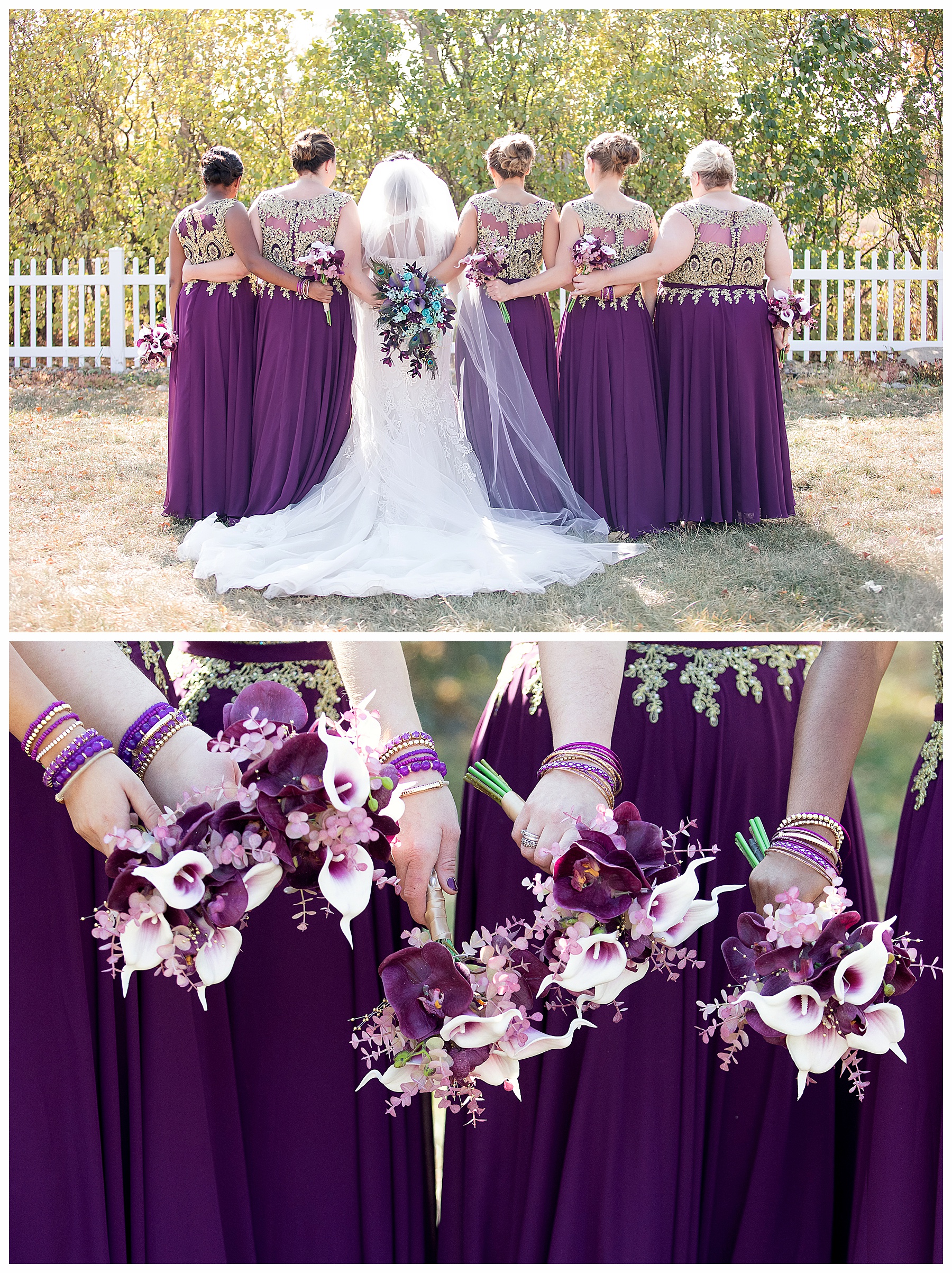 Bride and birde's maids show off back of gowns