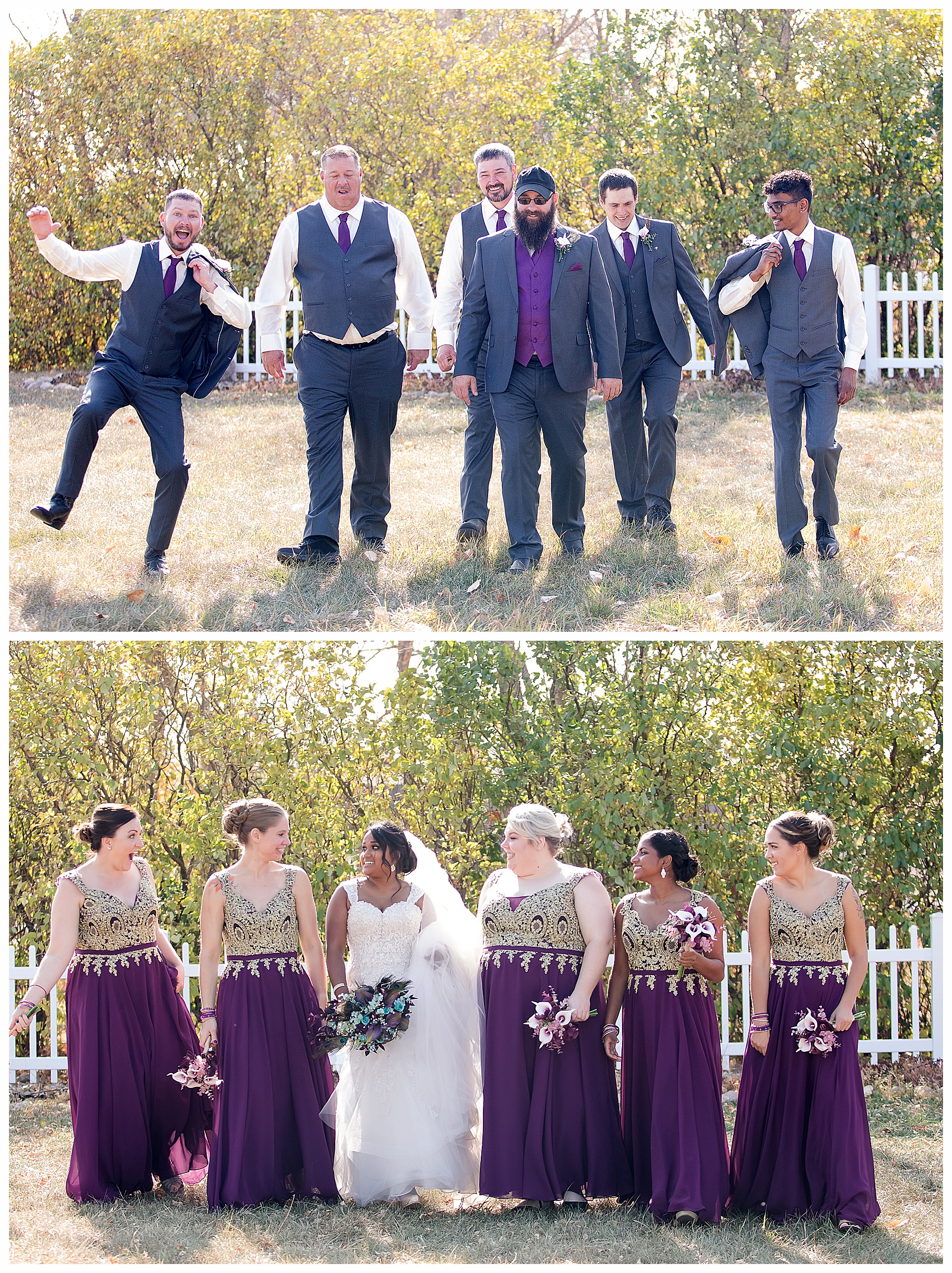 wedding party in grey purple and gold