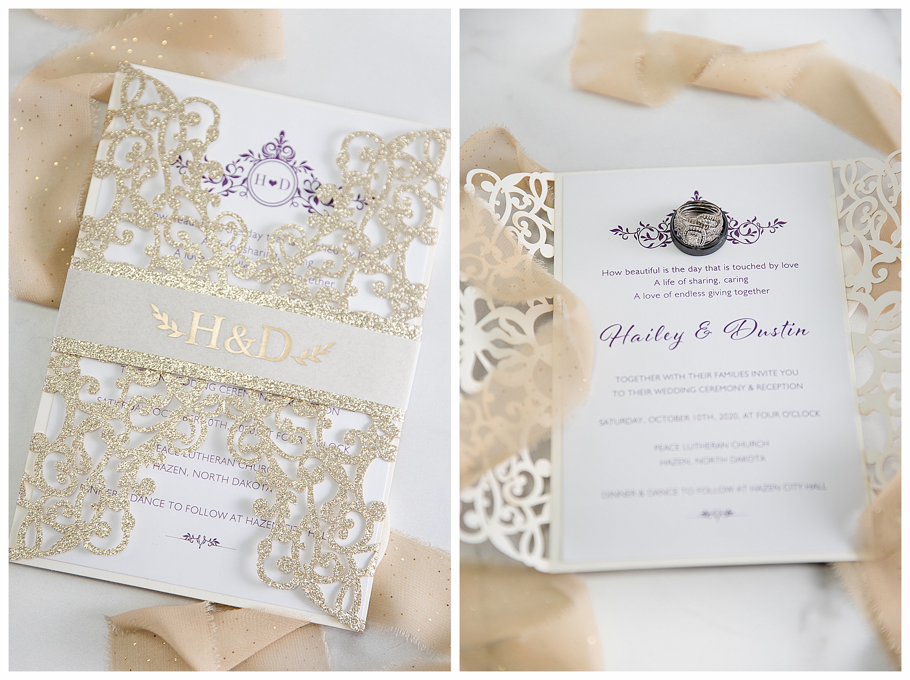 Purple and Gold lace wedding invitation photos