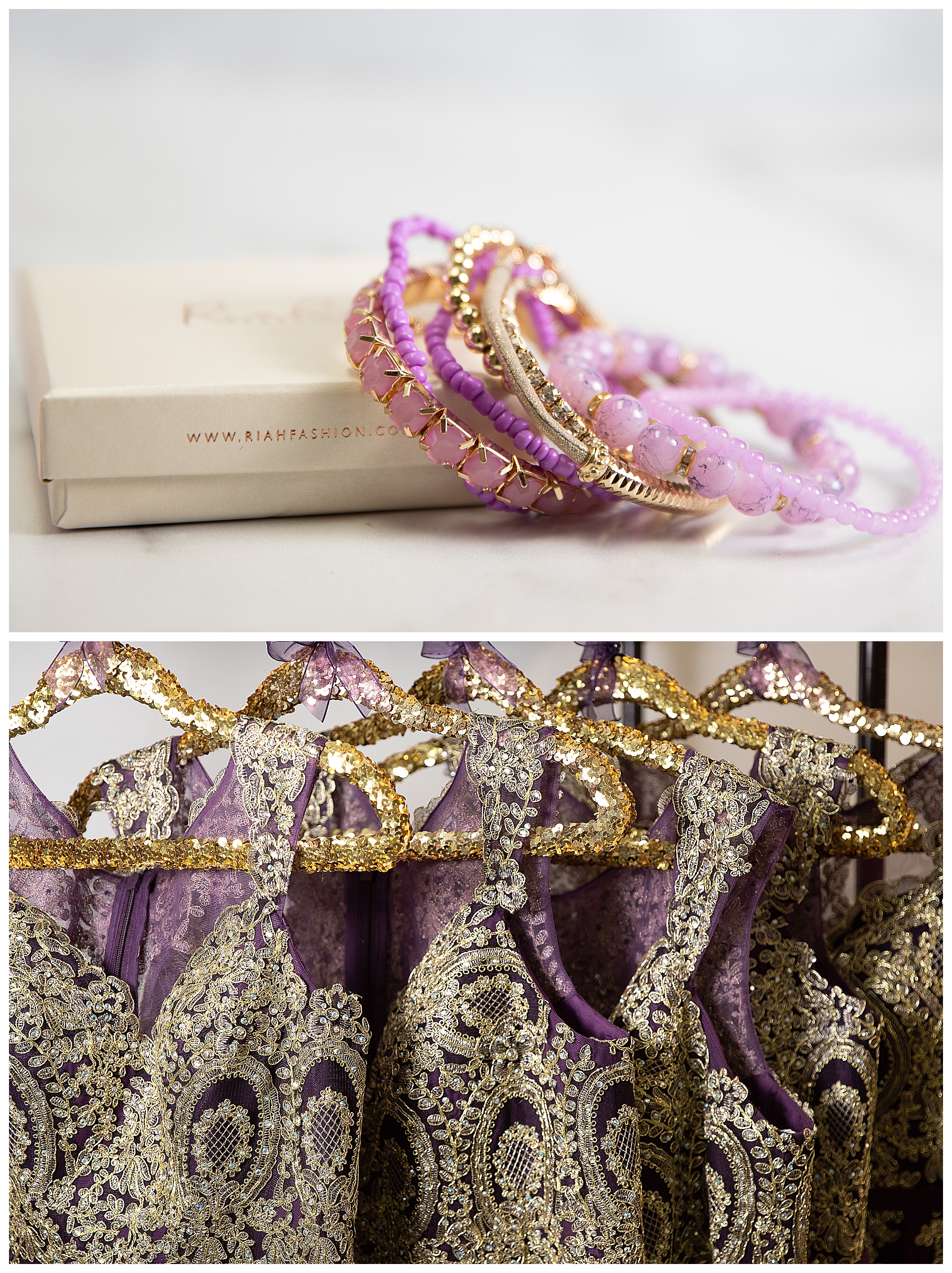 close up of purple and gold bride's maid dresses and bangles