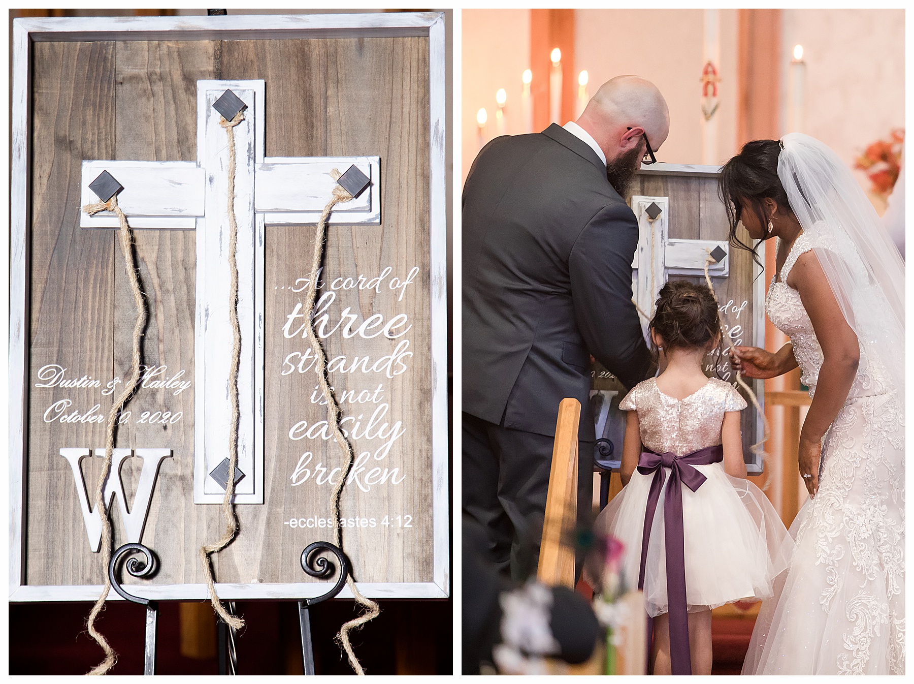 bride, groom and daughter weave strands of cross