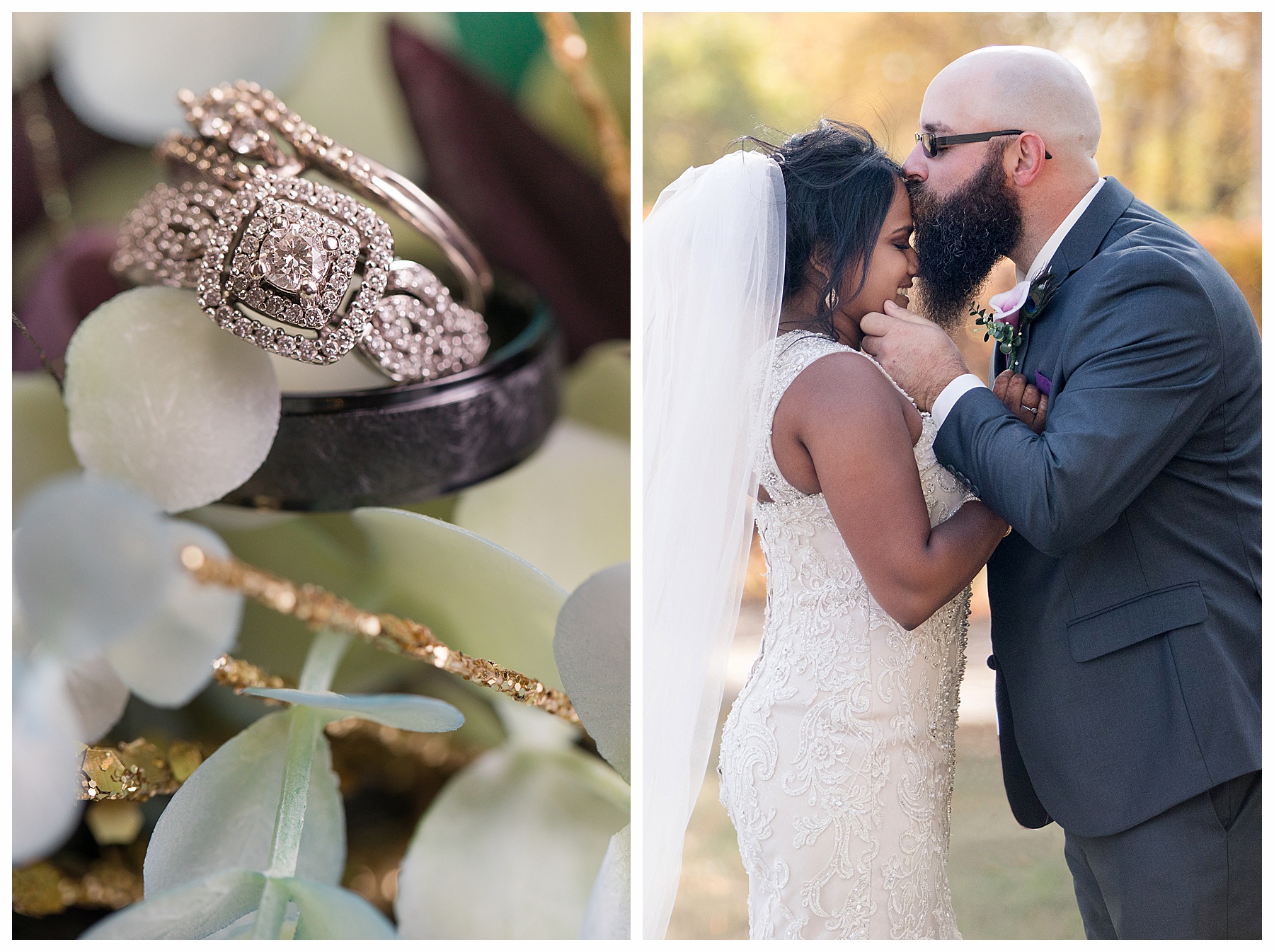 Groom kisses his bride's forehead