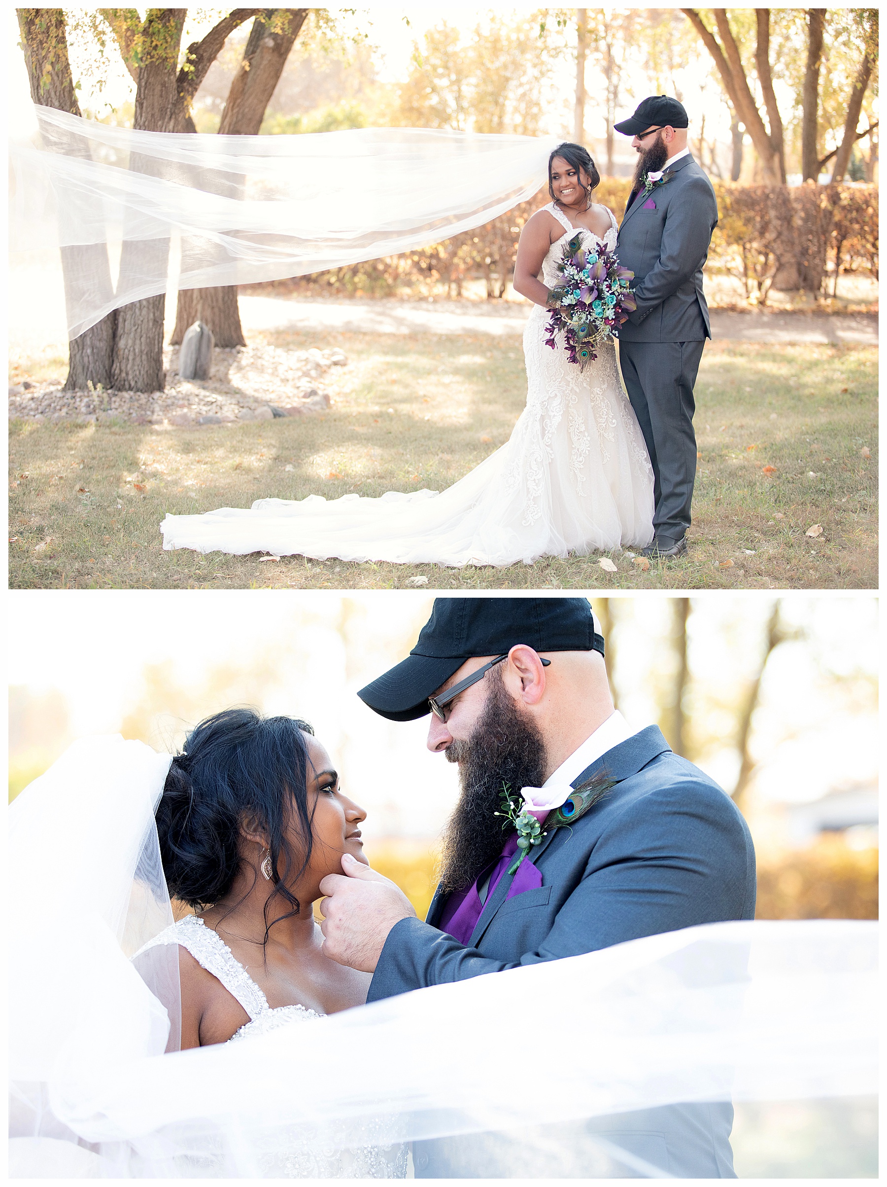 Bride and Groom with cathedral veil blowing in wind and wrapped around the couple