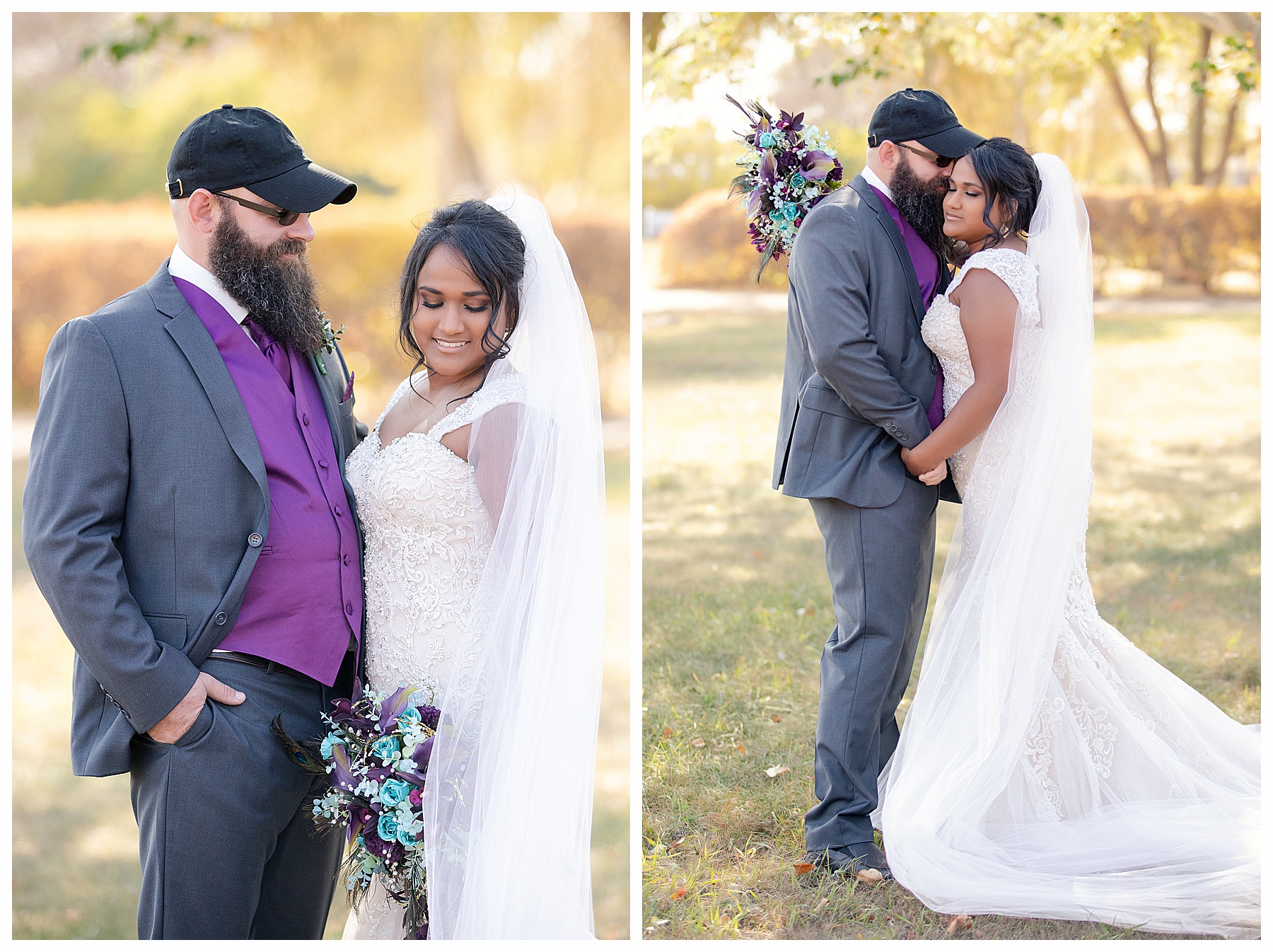 Groom in purple and grey looks at his bride.