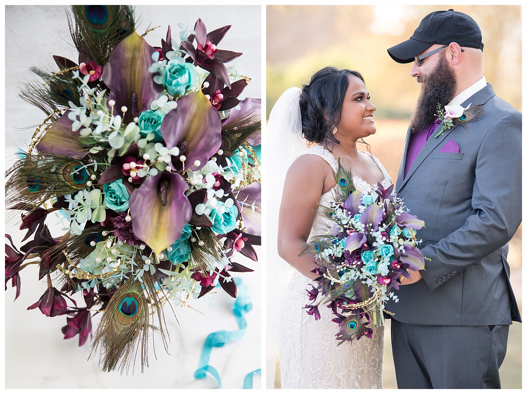 Bride and Groom in baseball cap look at one another