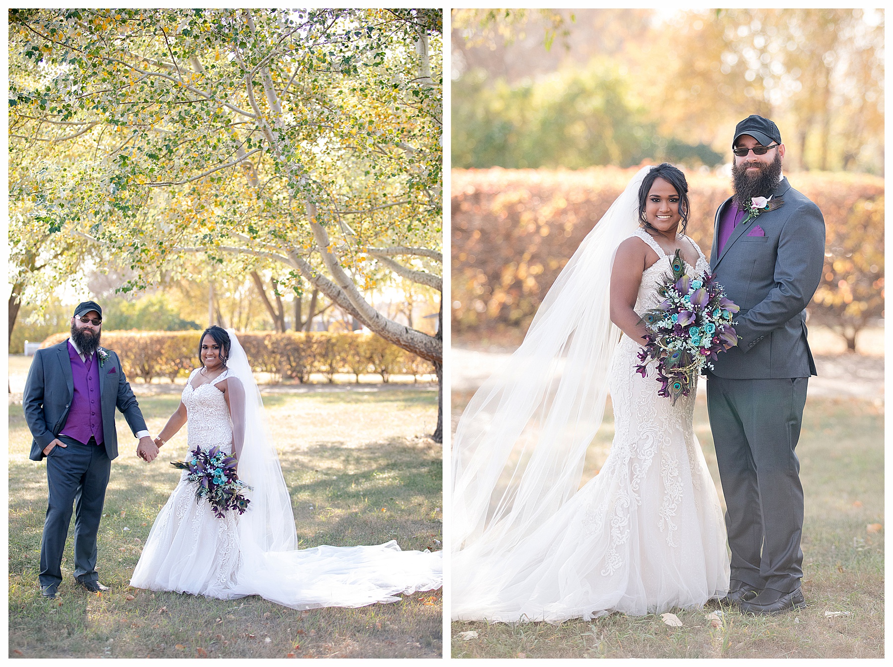 Bride and groom under fall trees