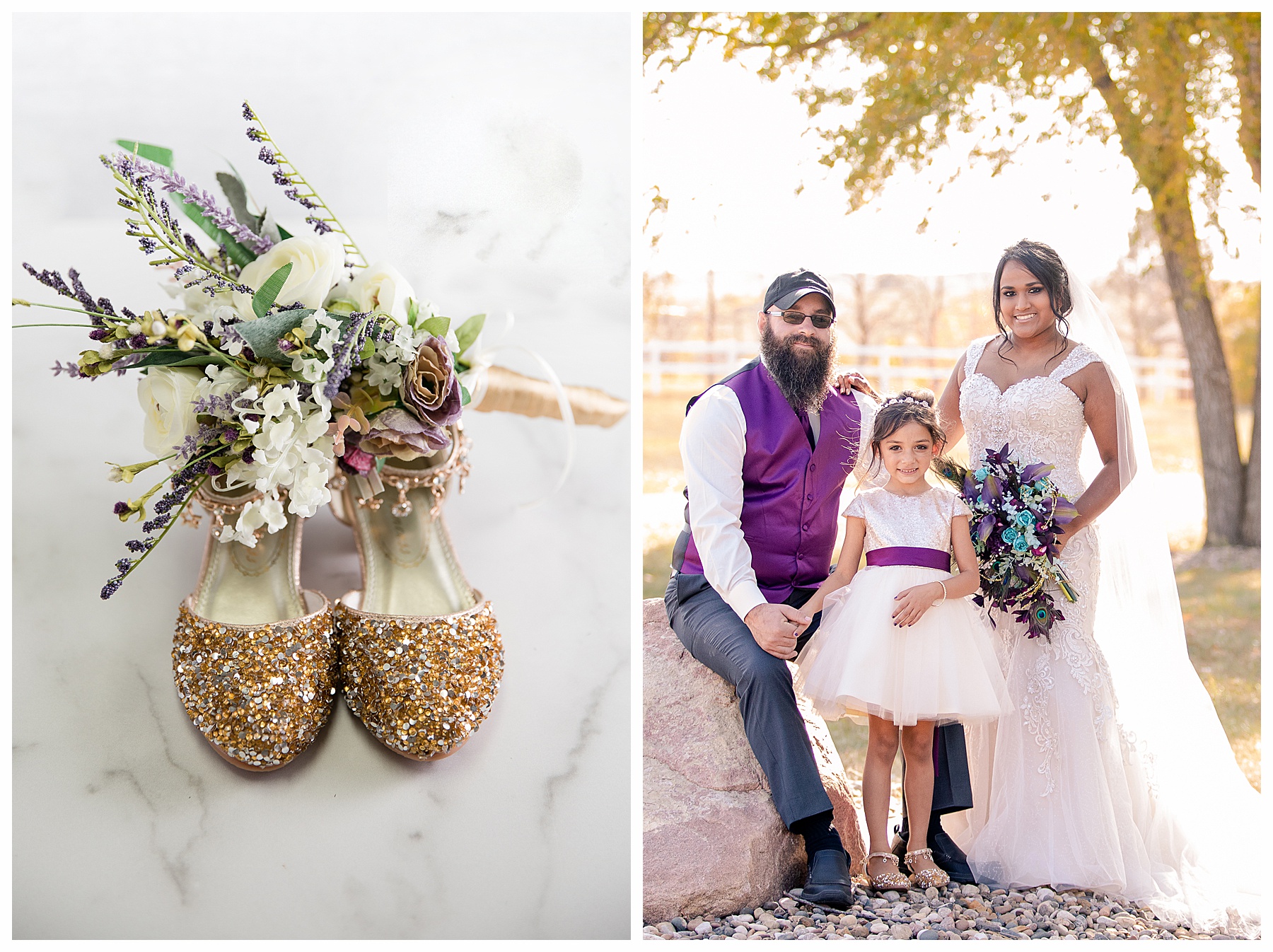 Bride and Groom with their daughter wearing purple and gold