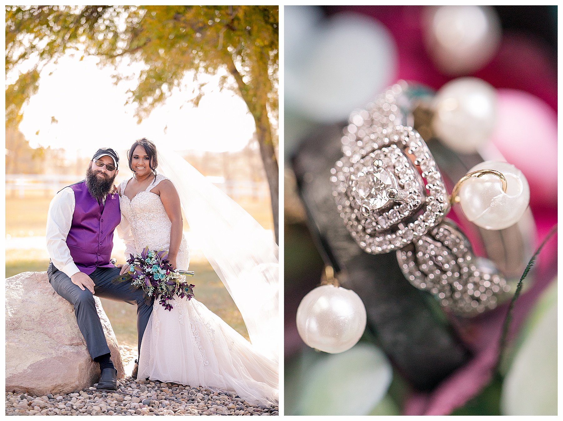 Bride stands next to groom sitting on boulder