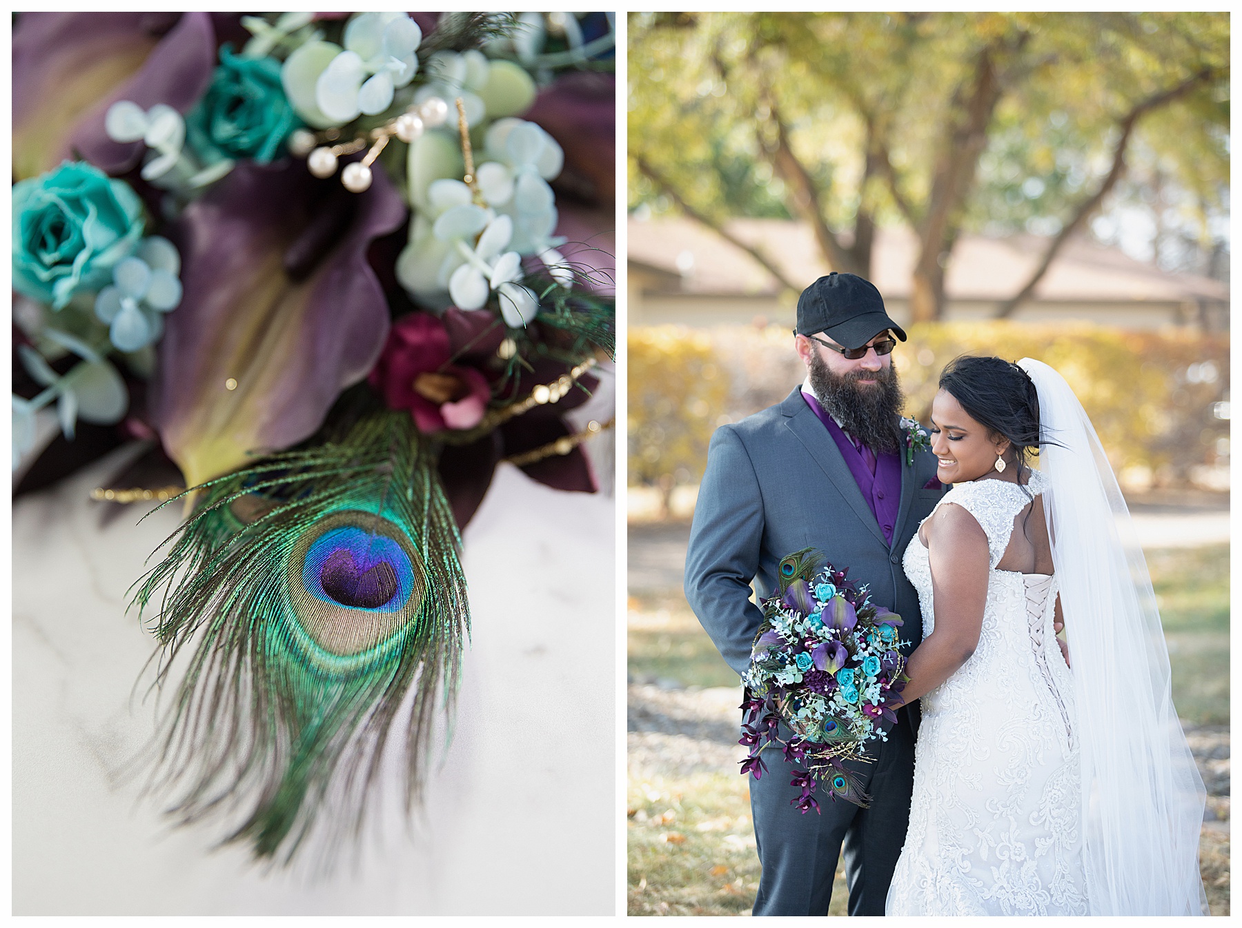 Close up of purple and teal peacock feather bouquet.  Photographer in Bismarck ND. Photography by Justine