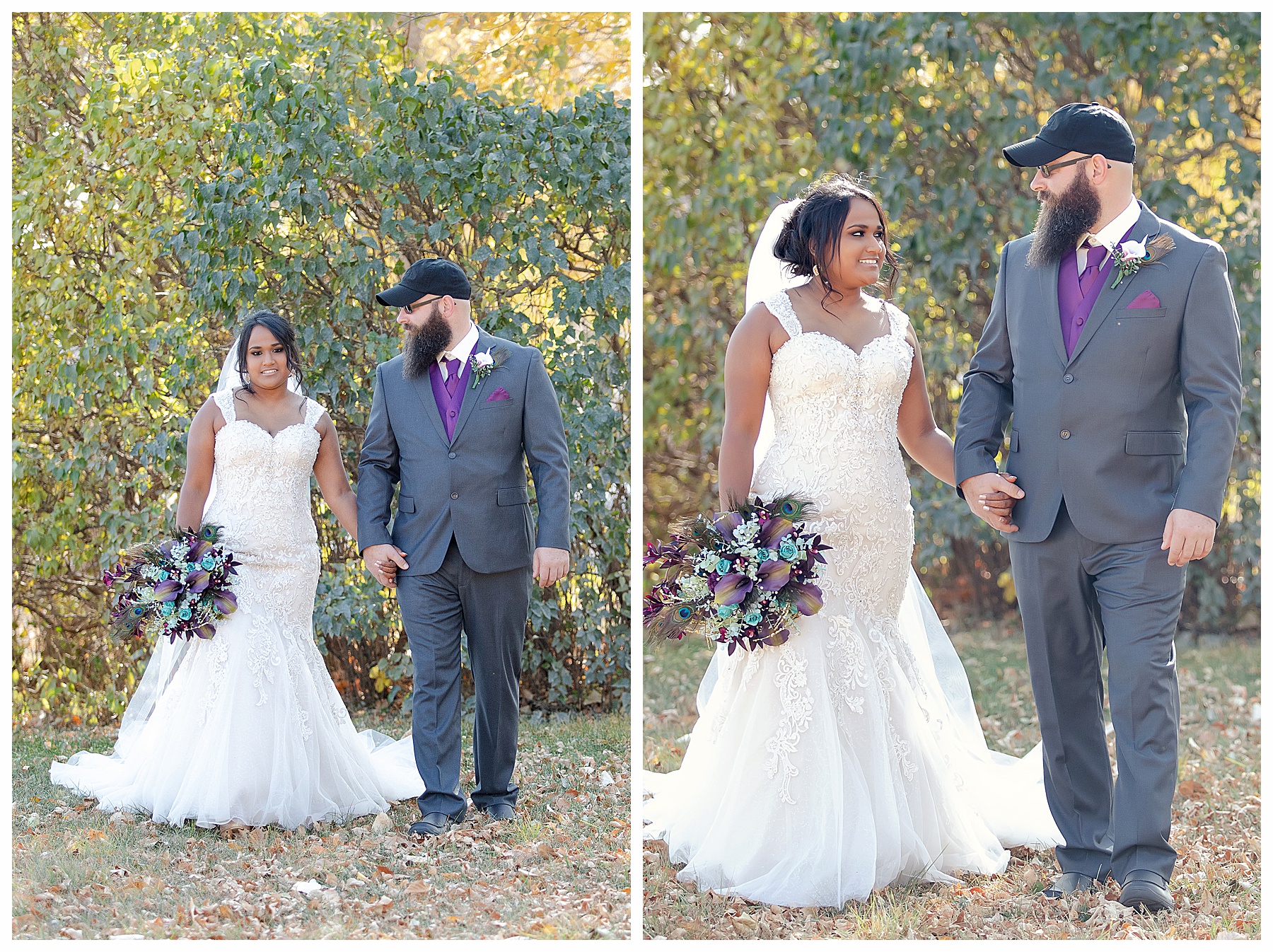 Bride and Groom walk together in fall leaves