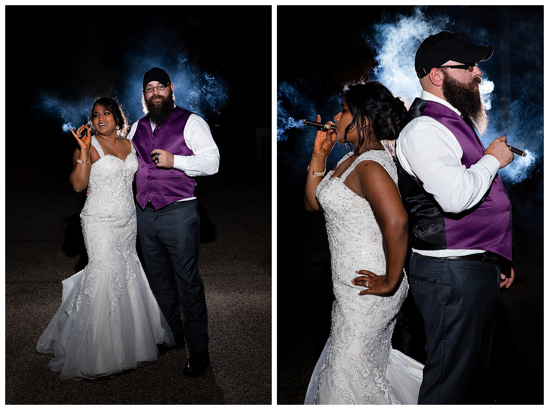 bride and groom smoke cigars