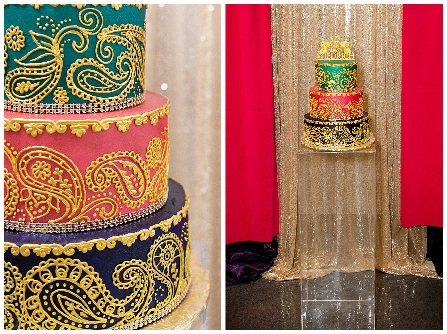 elaborate  teal, purple and pink wedding cake 