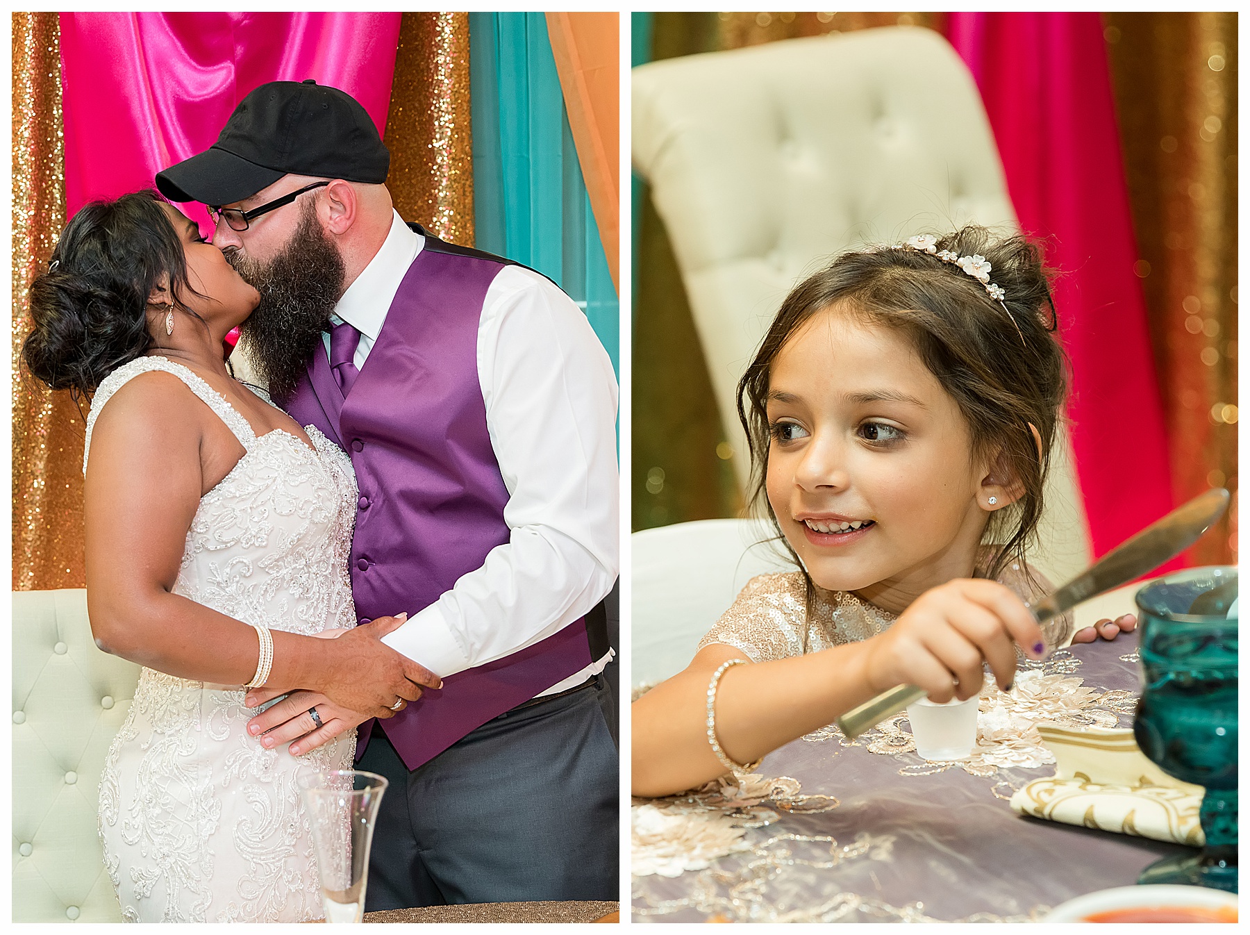 bride and groom kiss while daughter clinks her glass