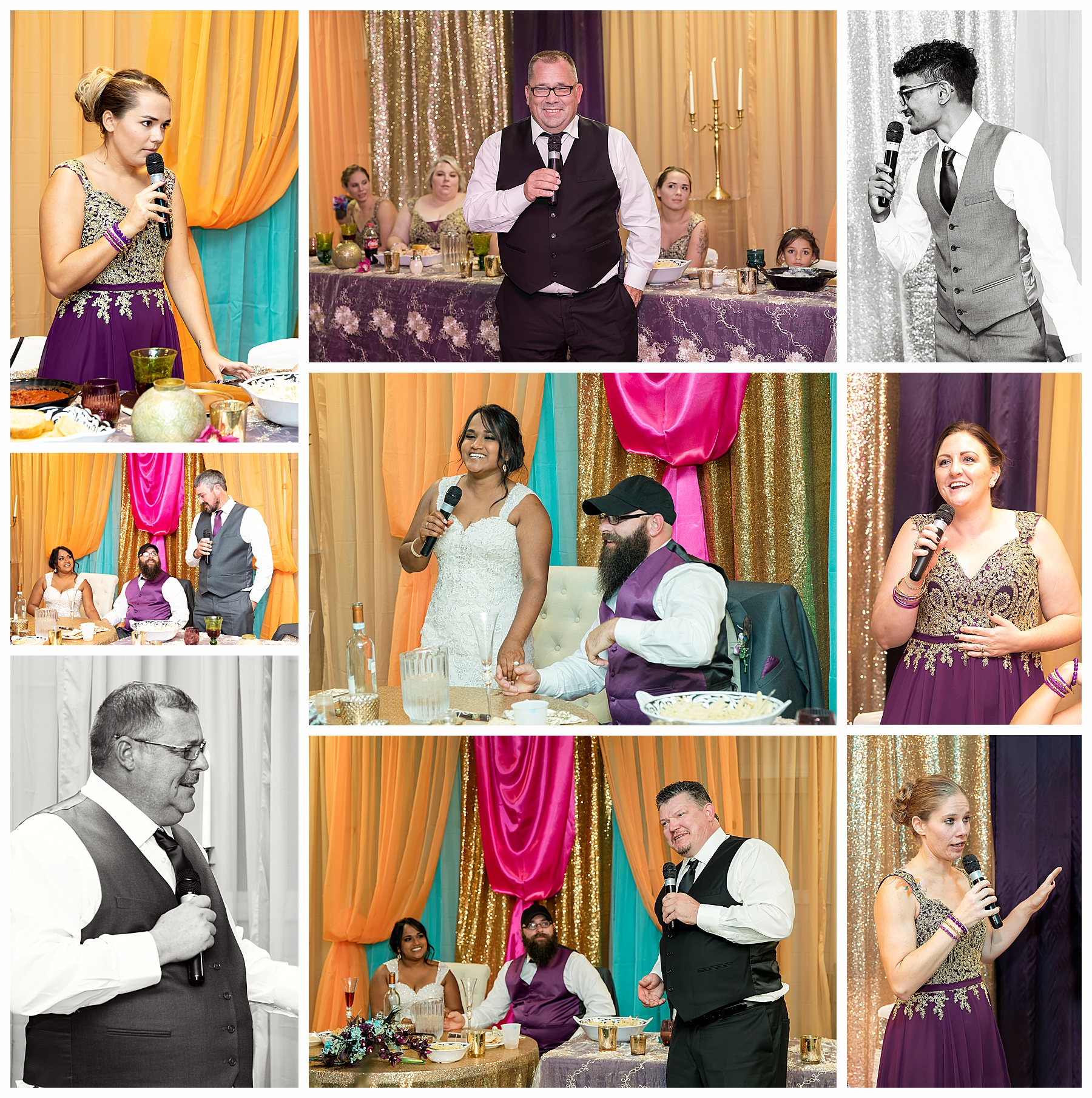 Toasting of the wedding couple in front of colorful head table backdrop