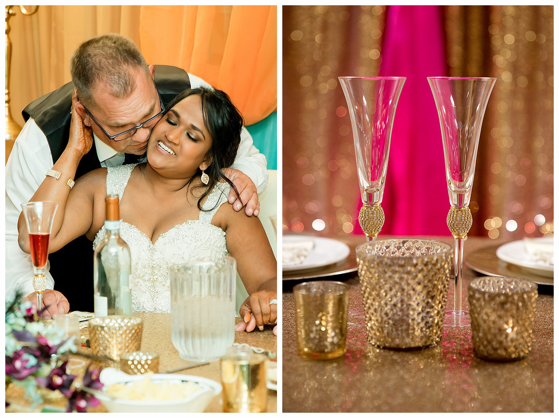 father kisses bride at head table set in gold