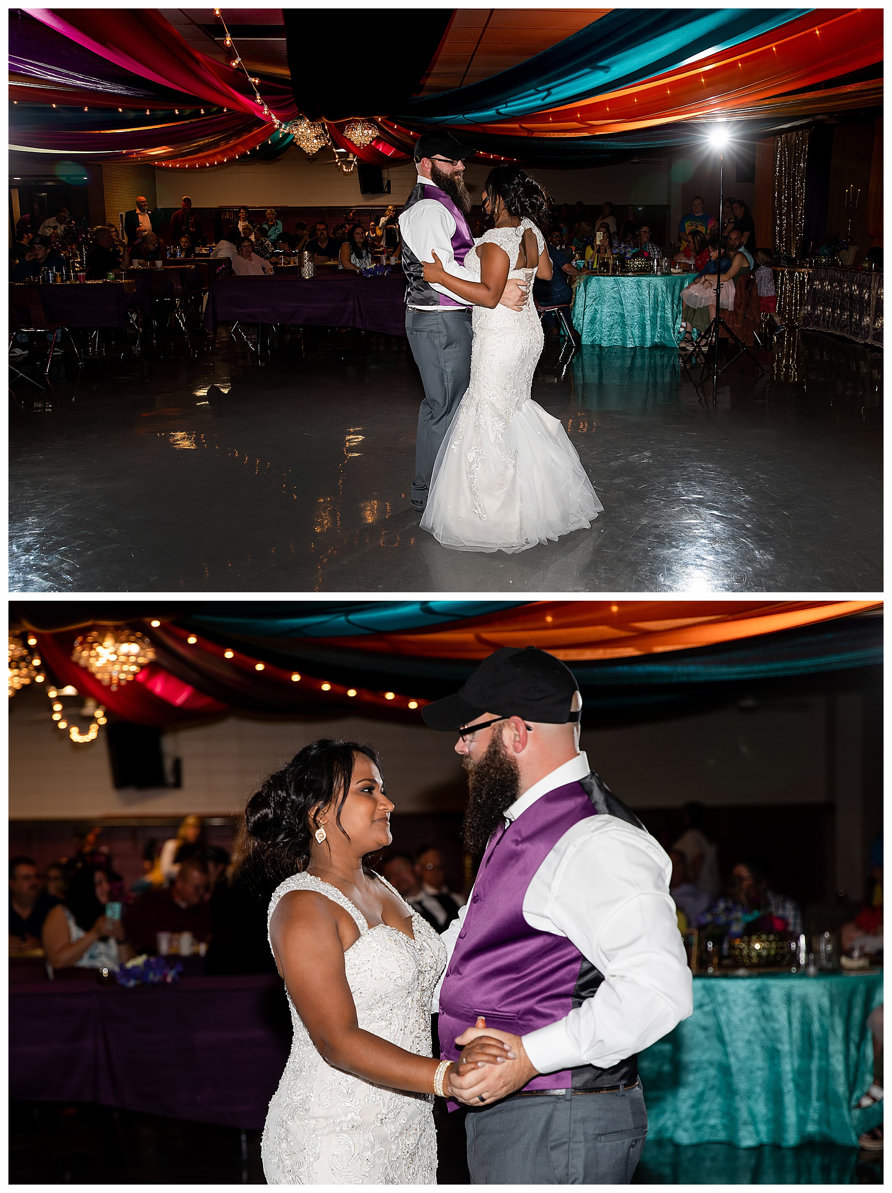 bride and groom's first dance under purple, teal, pink and orange ceiling drape