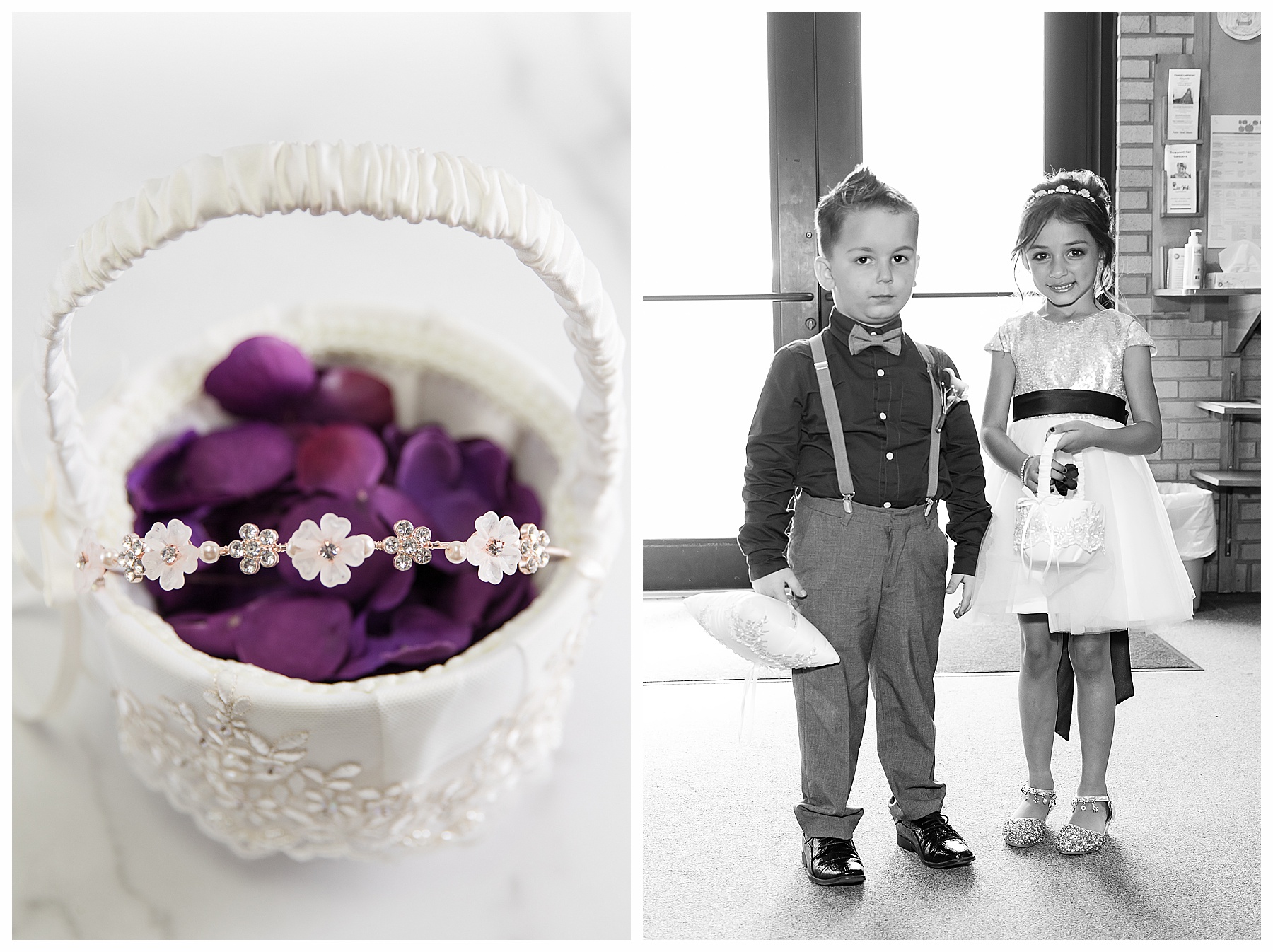 black and white photo of ring bearer and flower girl