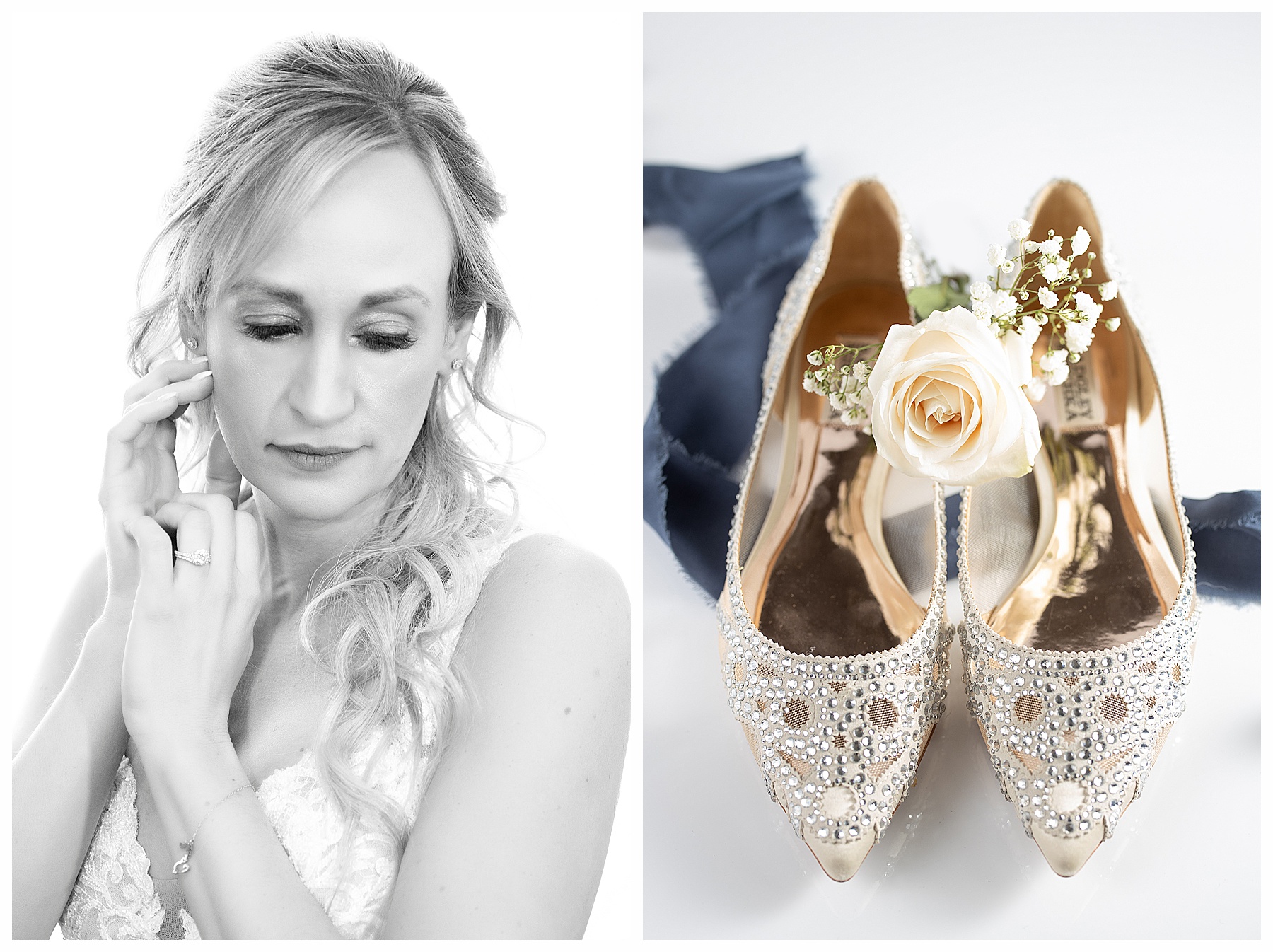 black and white photo of bride with a close up of wedding shoes with a rose