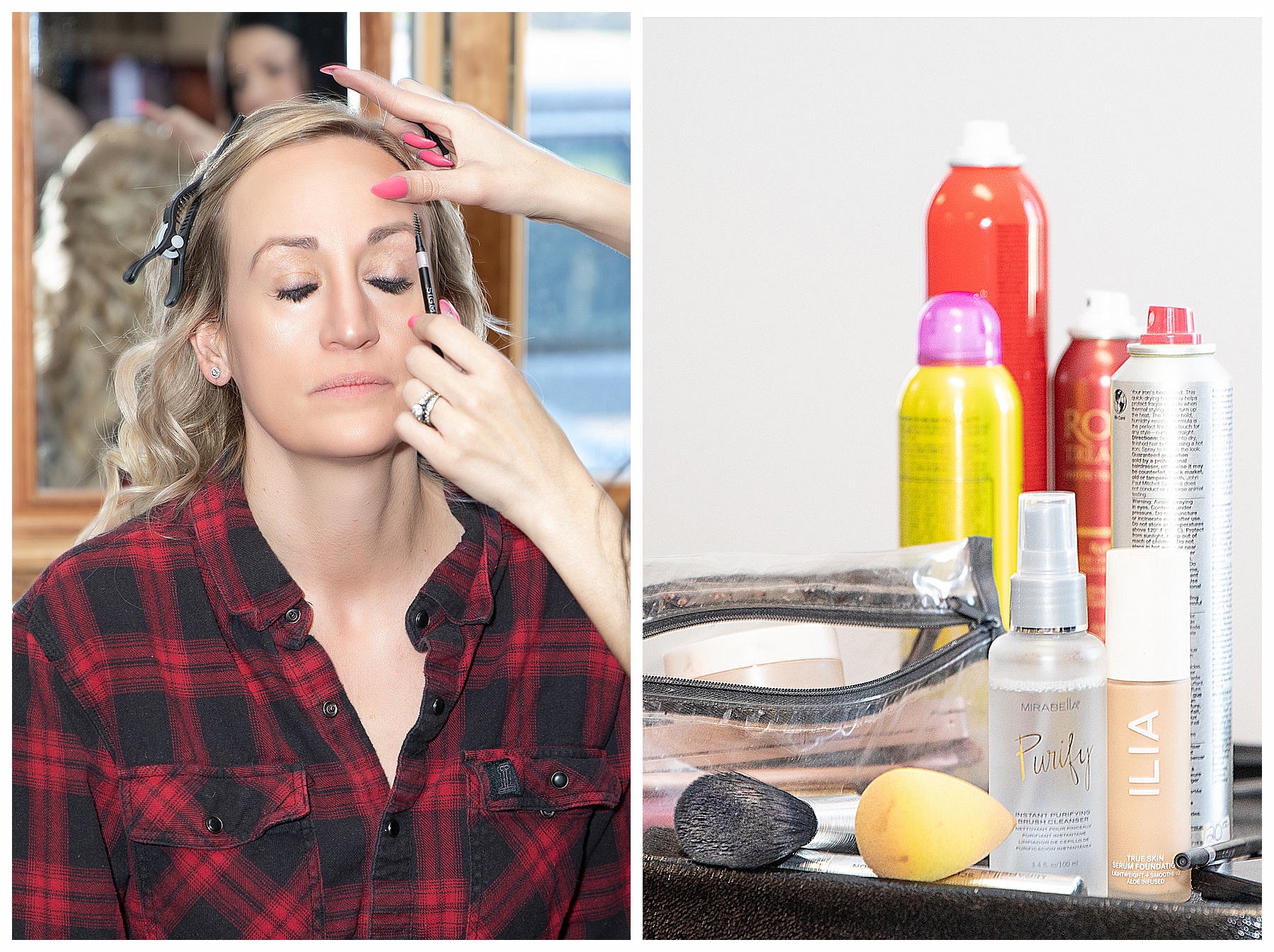 Photo of bride getting eye makeup done in a red flannel shirt