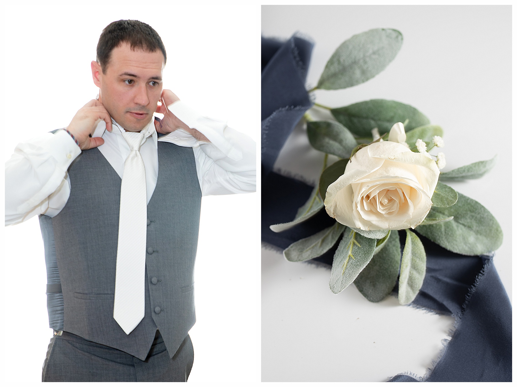 groom in grey tux getting ready