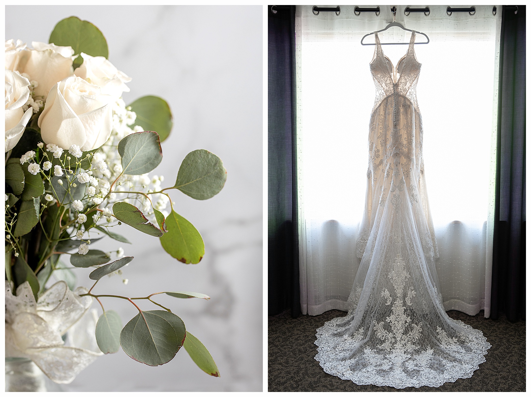 Photo of wedding gown hanging in window and showing train